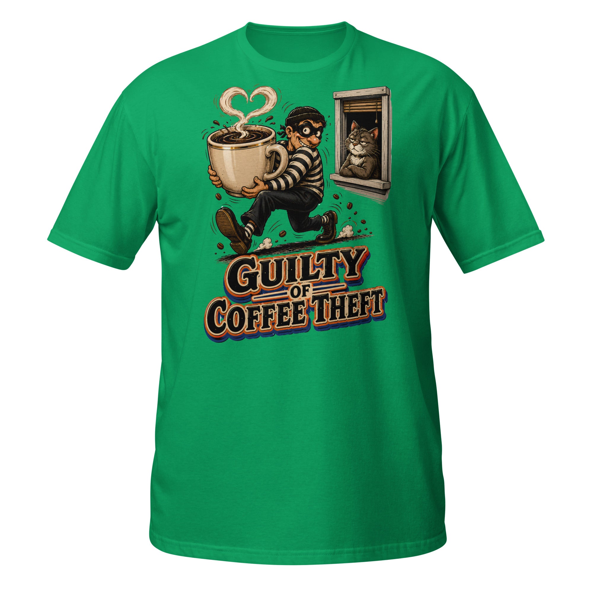 Coffee Lovers Short-Sleeve Unisex T-Shirt Guilty of Coffee Theft – Funny Cat & Thief Graphic Tee by printfluence.net
