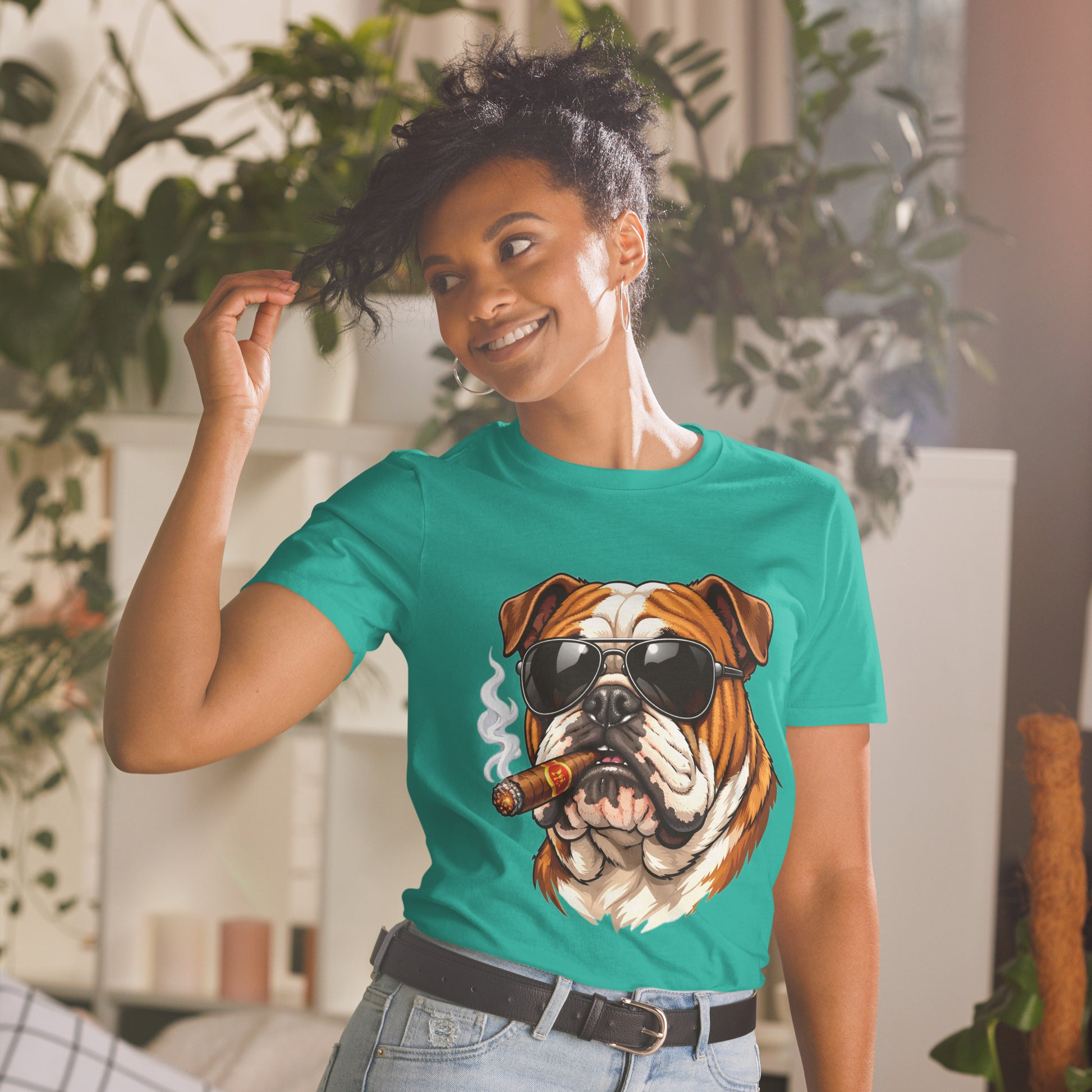 Short-Sleeve Unisex T-Shirt - Boss Bulldog Gentleman T-Shirt – Badass Dog Art & Retro Streetwear Style by printfluence.net