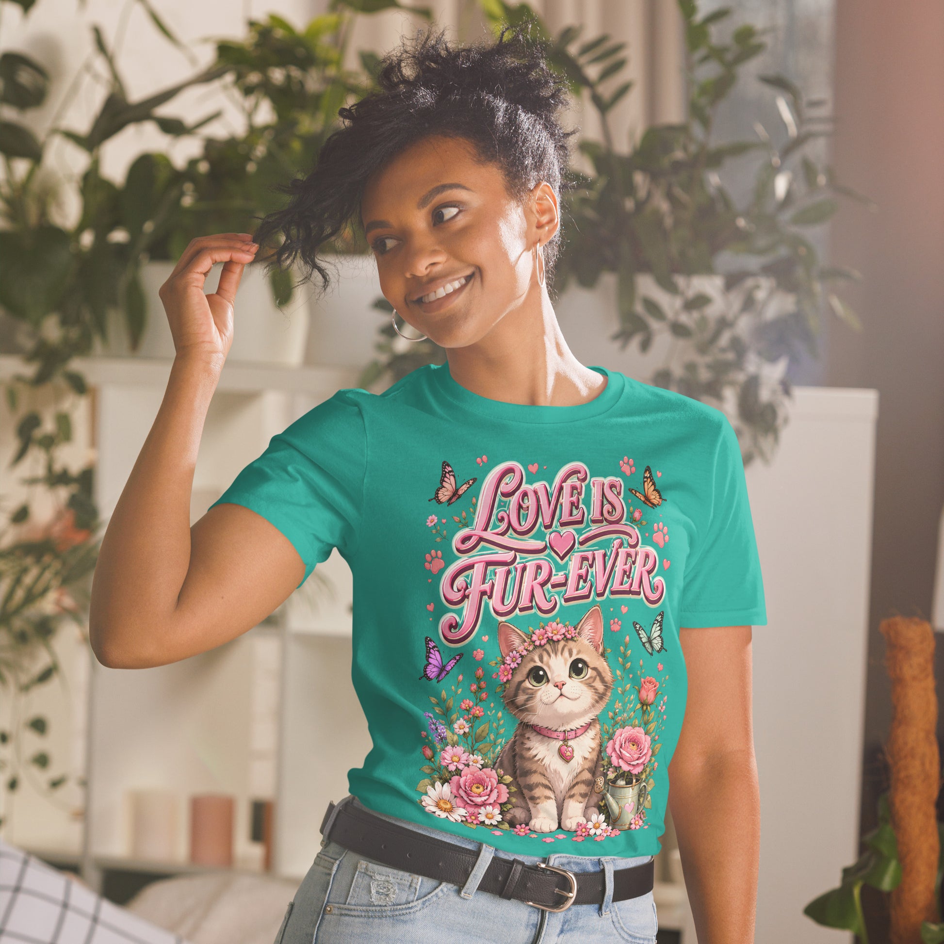 Unisex T-Shirt - Elite Love Is Fur-Ever Kitten - Premium Luxury Retro Floral Design by printfluence.net