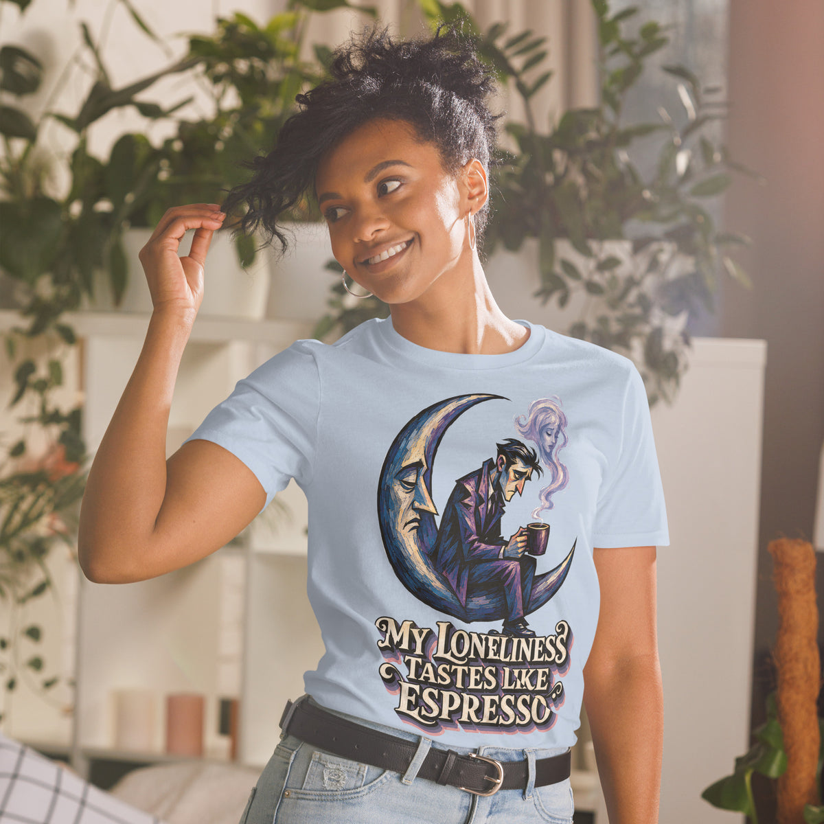 Coffee Lovers Short-Sleeve Unisex T-Shirt My Loneliness Tastes Like Espresso – Melancholic Moon & Coffee Graphic Tee by printfluence.net