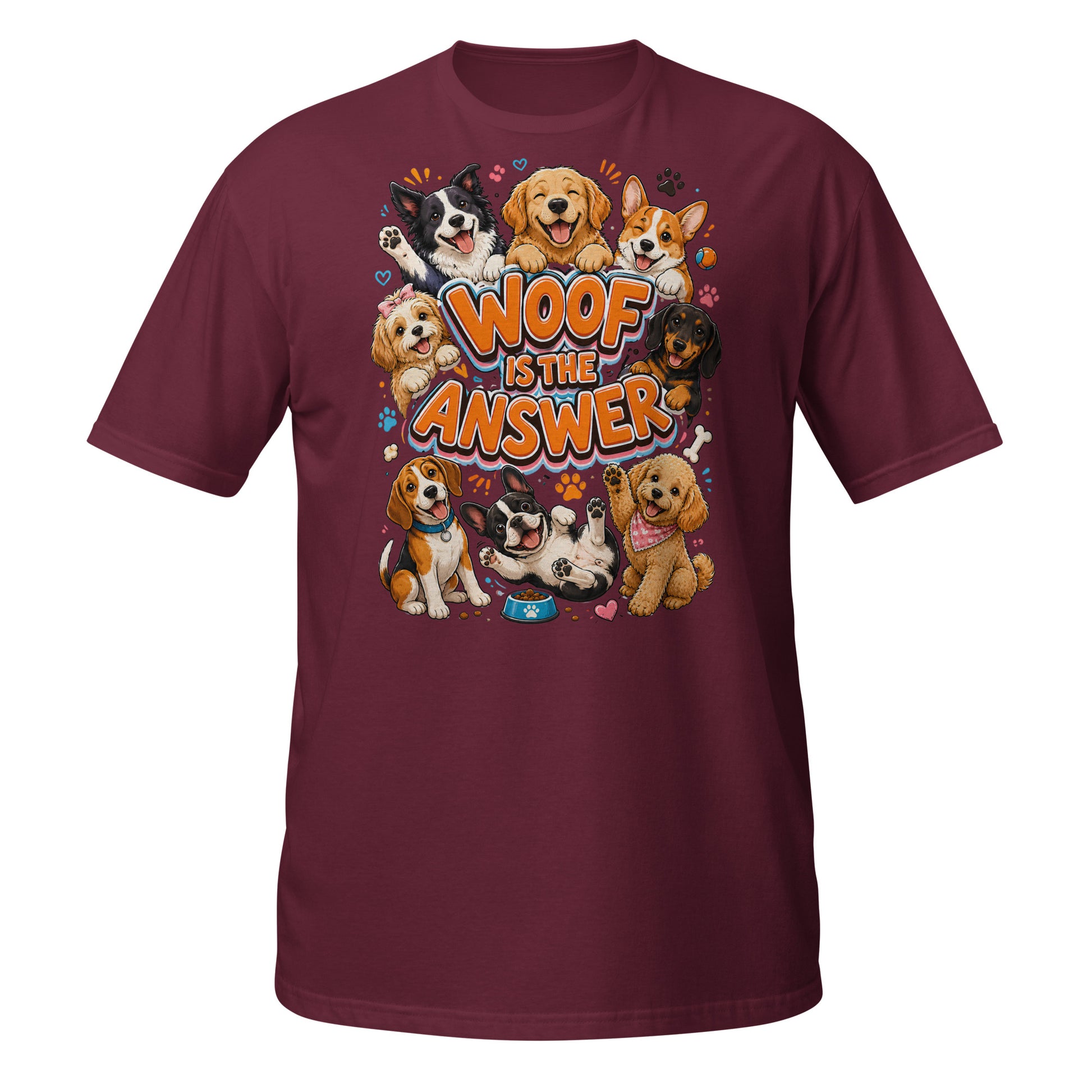 Woof is the Answer Cute Multi-Breed Puppy Short-Sleeve Unisex T-Shirt - Happy Dog Lover Graphic Tee by printfluence.net