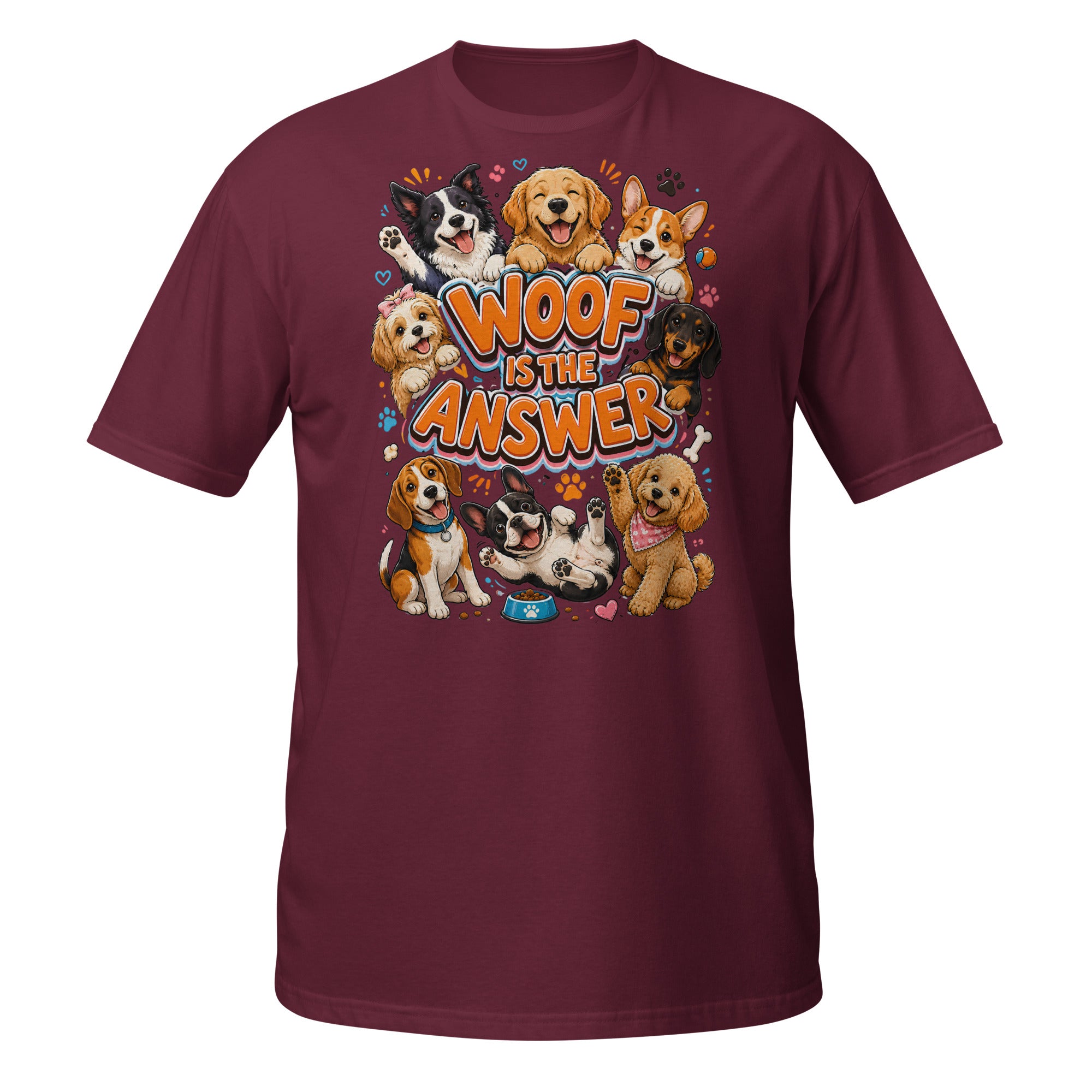Woof is the Answer Cute Multi-Breed Puppy Short-Sleeve Unisex T-Shirt - Happy Dog Lover Graphic Tee by printfluence.net