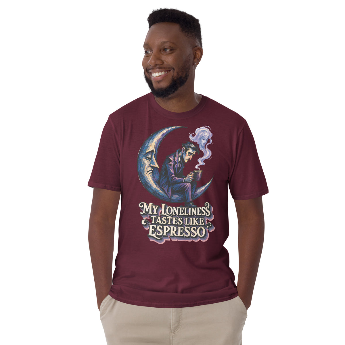 Coffee Lovers Short-Sleeve Unisex T-Shirt My Loneliness Tastes Like Espresso – Melancholic Moon & Coffee Graphic Tee by printfluence.net