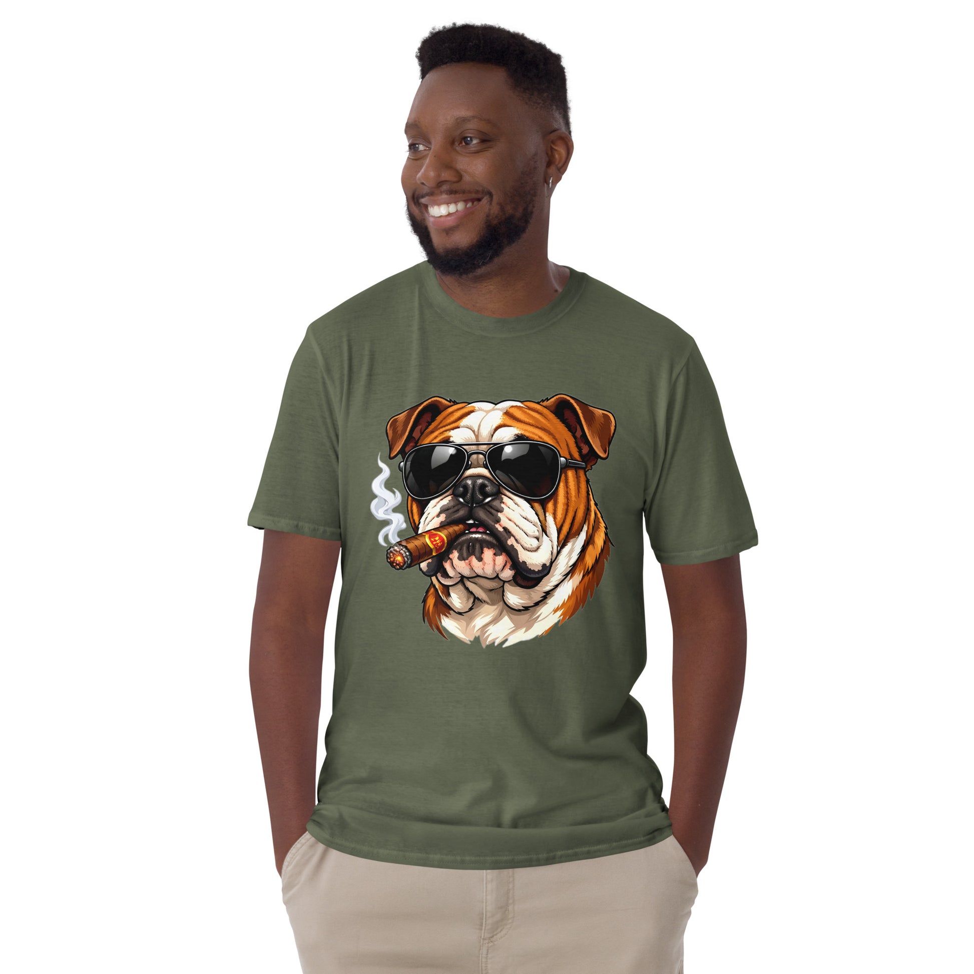 Short-Sleeve Unisex T-Shirt - Boss Bulldog Gentleman T-Shirt – Badass Dog Art & Retro Streetwear Style by printfluence.net