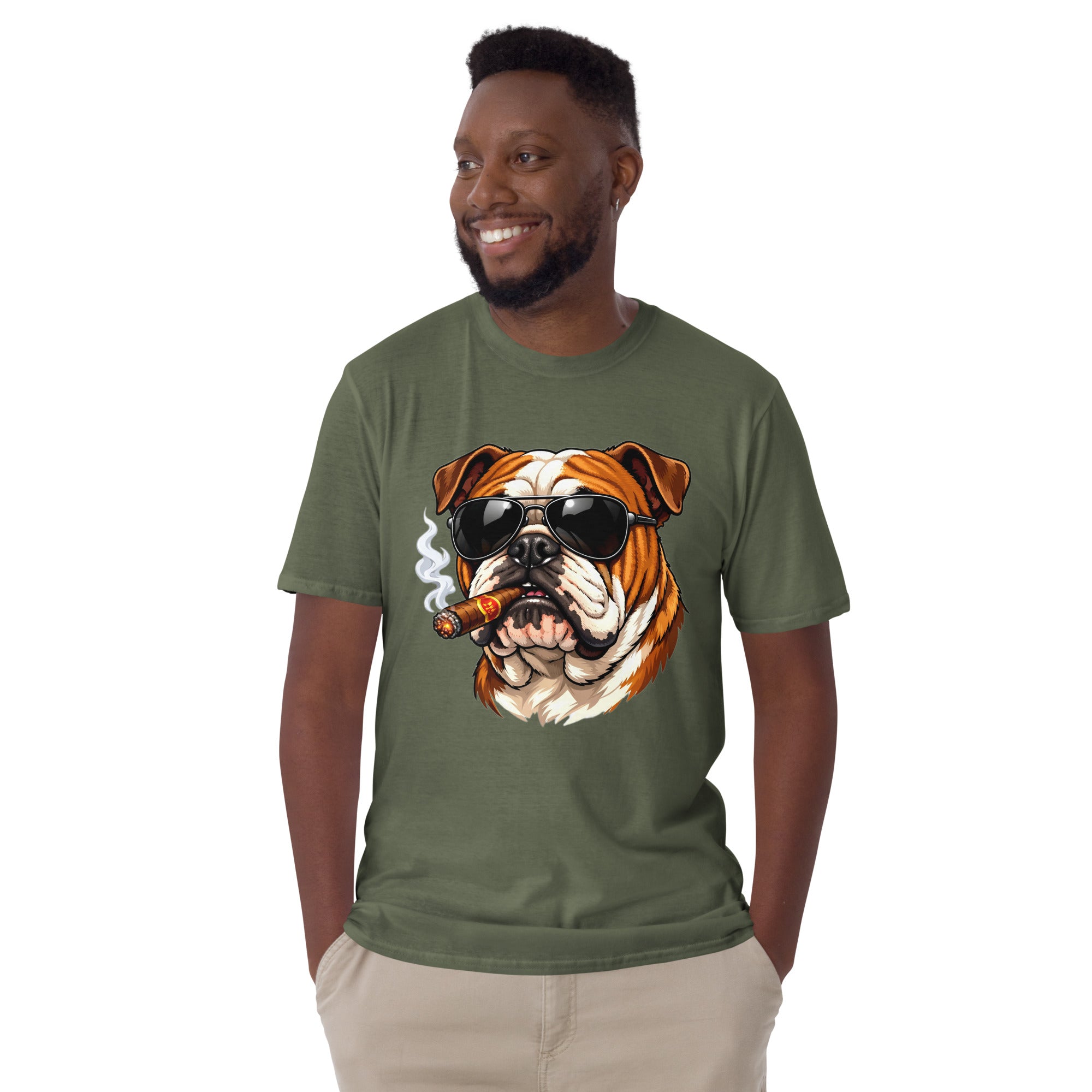 Short-Sleeve Unisex T-Shirt - Boss Bulldog Gentleman T-Shirt – Badass Dog Art & Retro Streetwear Style by printfluence.net