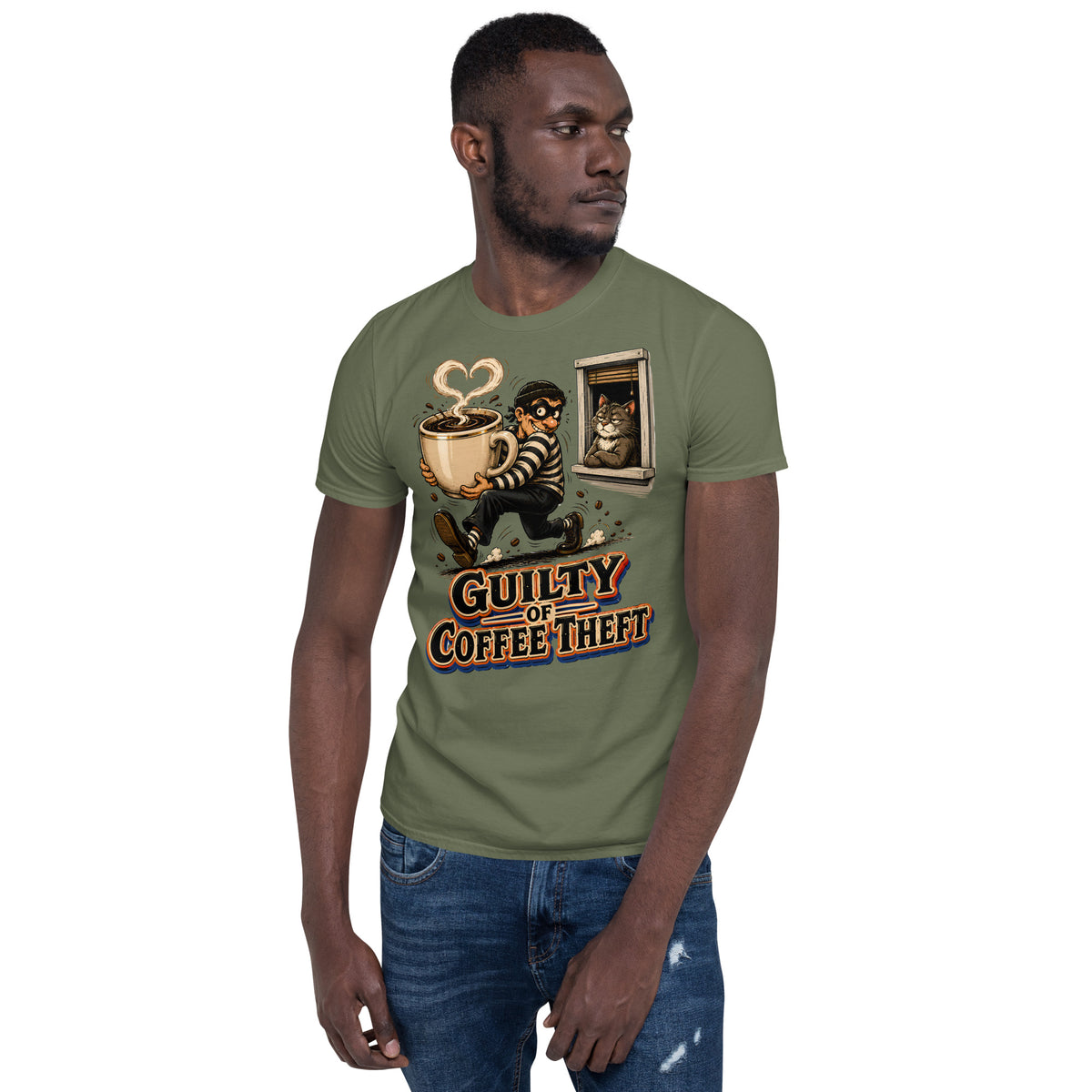 Coffee Lovers Short-Sleeve Unisex T-Shirt Guilty of Coffee Theft – Funny Cat & Thief Graphic Tee by printfluence.net