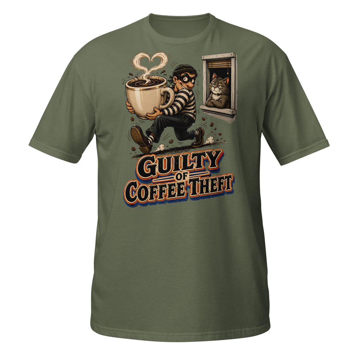 Coffee Lovers Short-Sleeve Unisex T-Shirt Guilty of Coffee Theft – Funny Cat & Thief Graphic Tee by printfluence.net