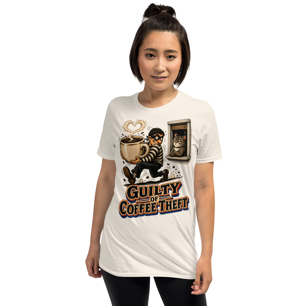Coffee Lovers Short-Sleeve Unisex T-Shirt Guilty of Coffee Theft – Funny Cat & Thief Graphic Tee by printfluence.net