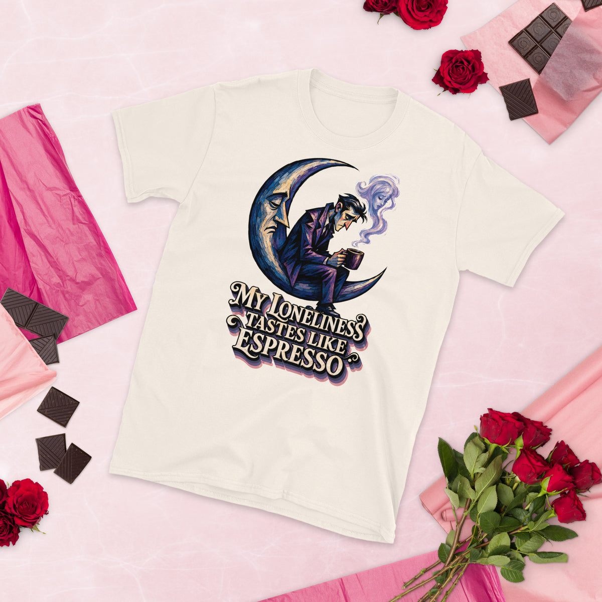 Coffee Lovers Short-Sleeve Unisex T-Shirt My Loneliness Tastes Like Espresso – Melancholic Moon & Coffee Graphic Tee by printfluence.net