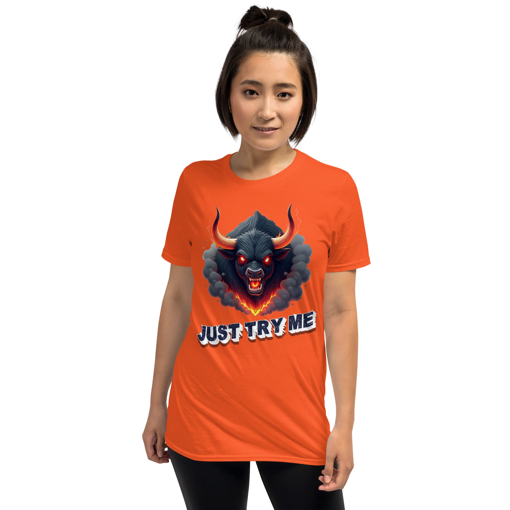 Short-Sleeve Unisex T-Shirt - Just Try Me Bull Short-Sleeve Tee – Fearless Power for Elite Warriors by printfluence.net