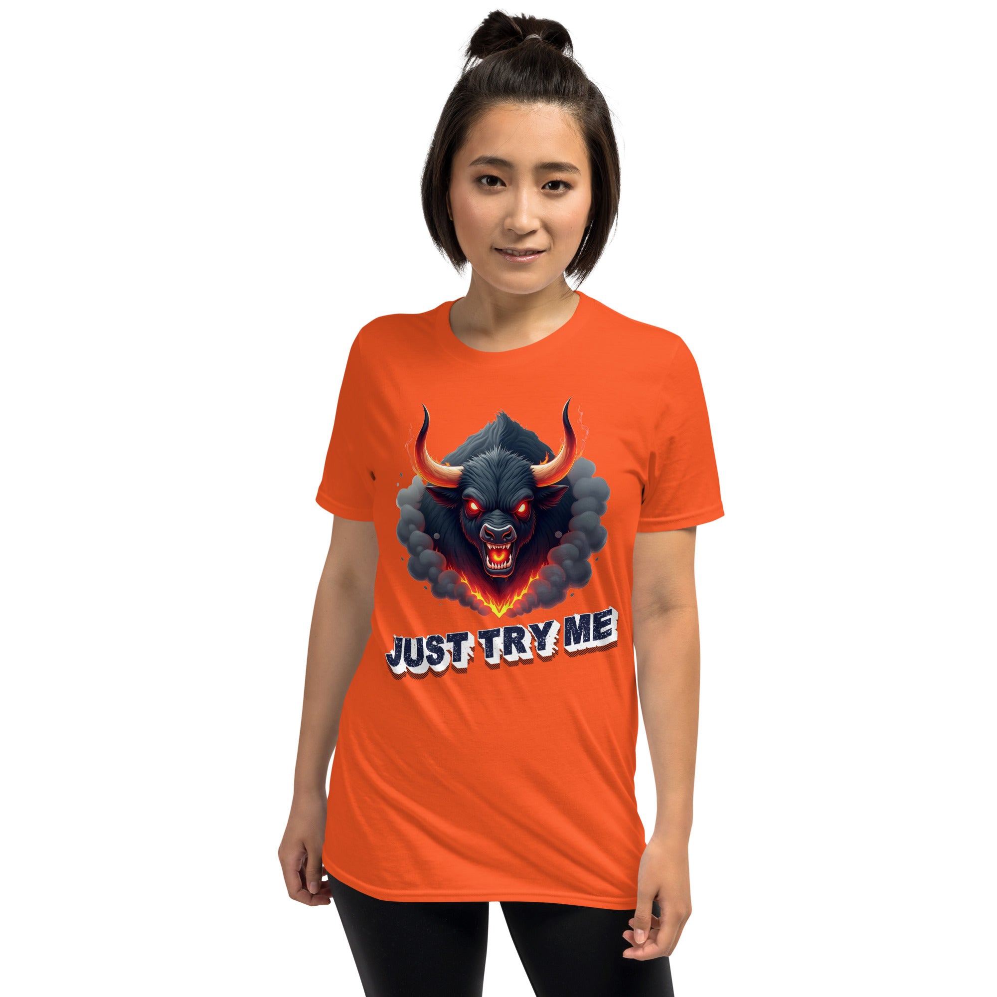 Short-Sleeve Unisex T-Shirt - Just Try Me Bull Short-Sleeve Tee – Fearless Power for Elite Warriors by printfluence.net
