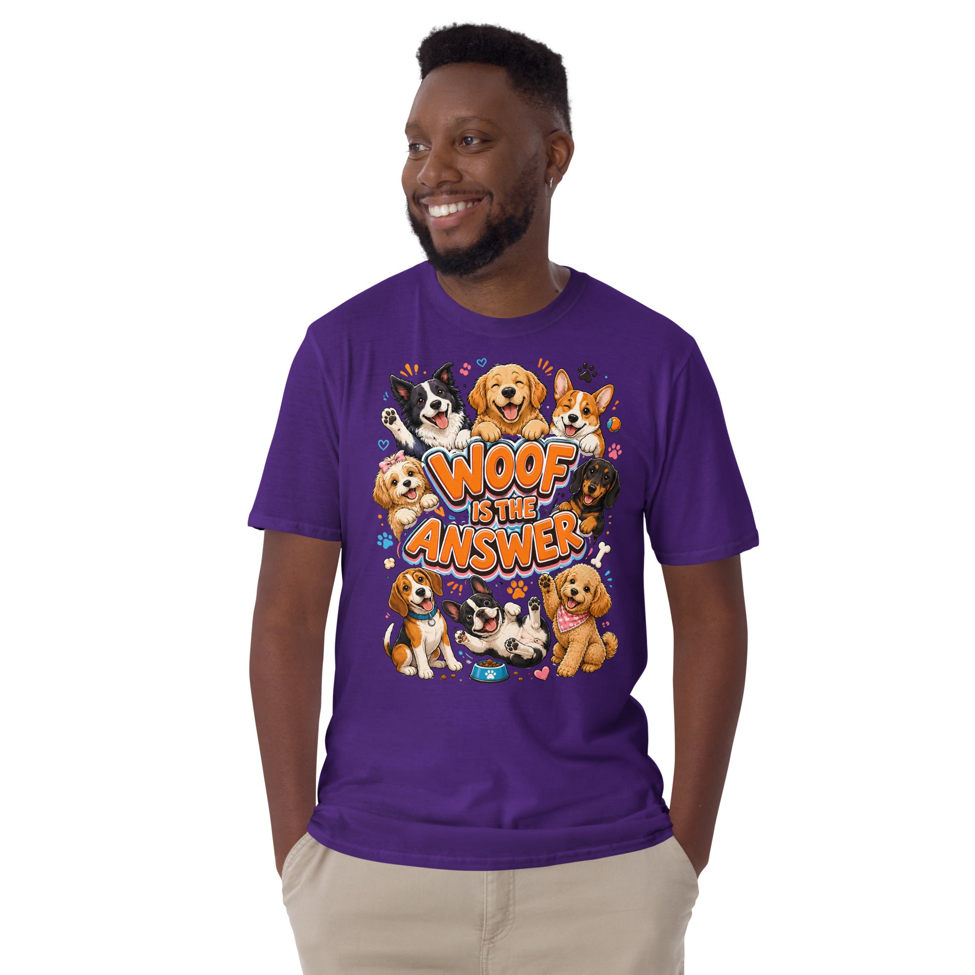 Woof is the Answer Cute Multi-Breed Puppy Short-Sleeve Unisex T-Shirt - Happy Dog Lover Graphic Tee by printfluence.net