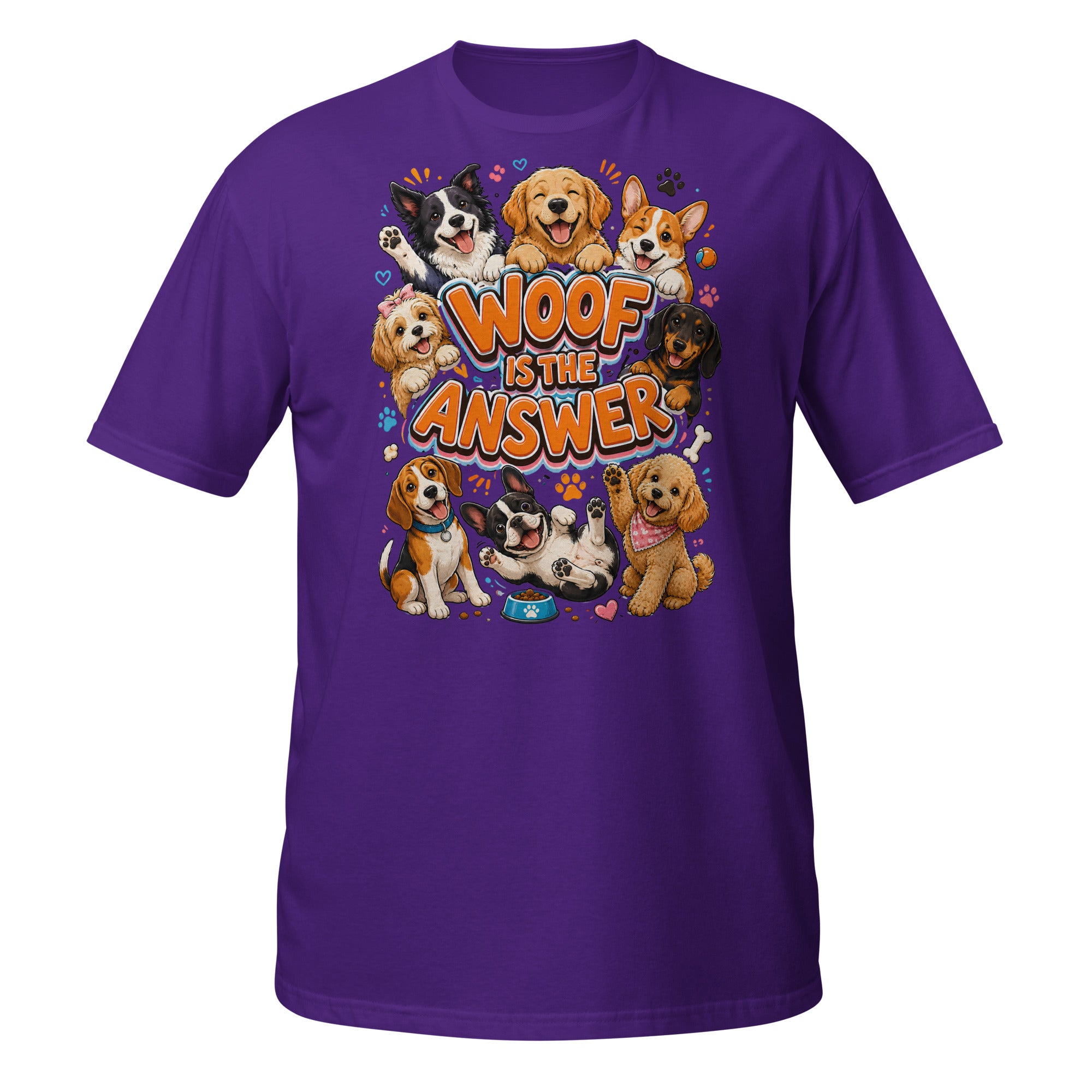 Woof is the Answer Cute Multi-Breed Puppy Short-Sleeve Unisex T-Shirt - Happy Dog Lover Graphic Tee by printfluence.net