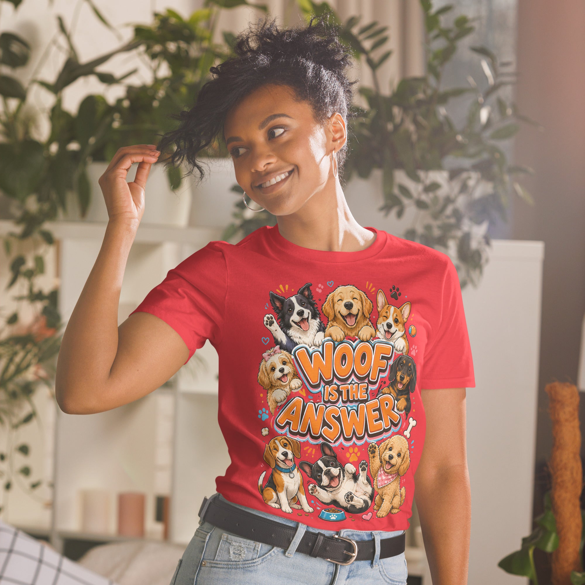 Woof is the Answer Cute Multi-Breed Puppy Short-Sleeve Unisex T-Shirt - Happy Dog Lover Graphic Tee by printfluence.net
