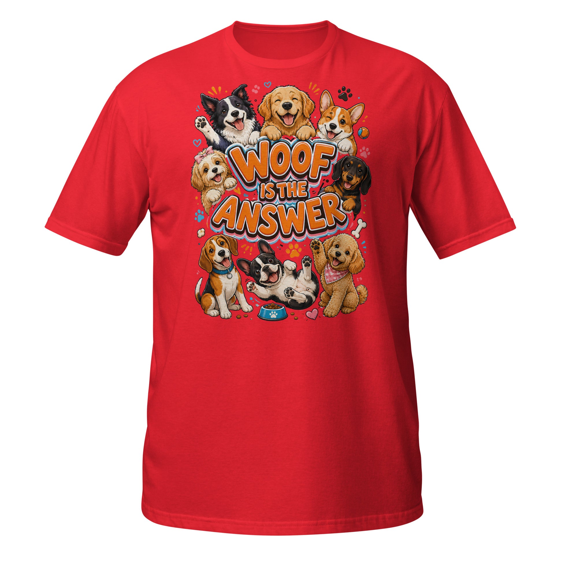 Woof is the Answer Cute Multi-Breed Puppy Short-Sleeve Unisex T-Shirt - Happy Dog Lover Graphic Tee by printfluence.net
