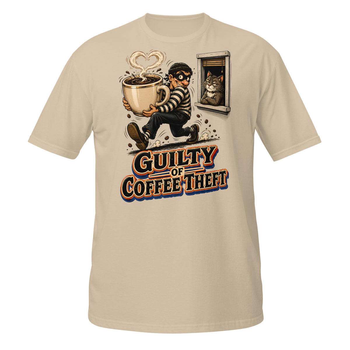 Coffee Lovers Short-Sleeve Unisex T-Shirt Guilty of Coffee Theft – Funny Cat & Thief Graphic Tee by printfluence.net