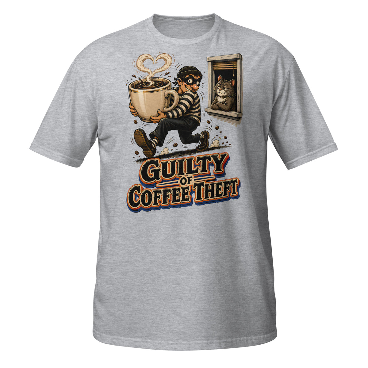 Coffee Lovers Short-Sleeve Unisex T-Shirt Guilty of Coffee Theft – Funny Cat & Thief Graphic Tee by printfluence.net
