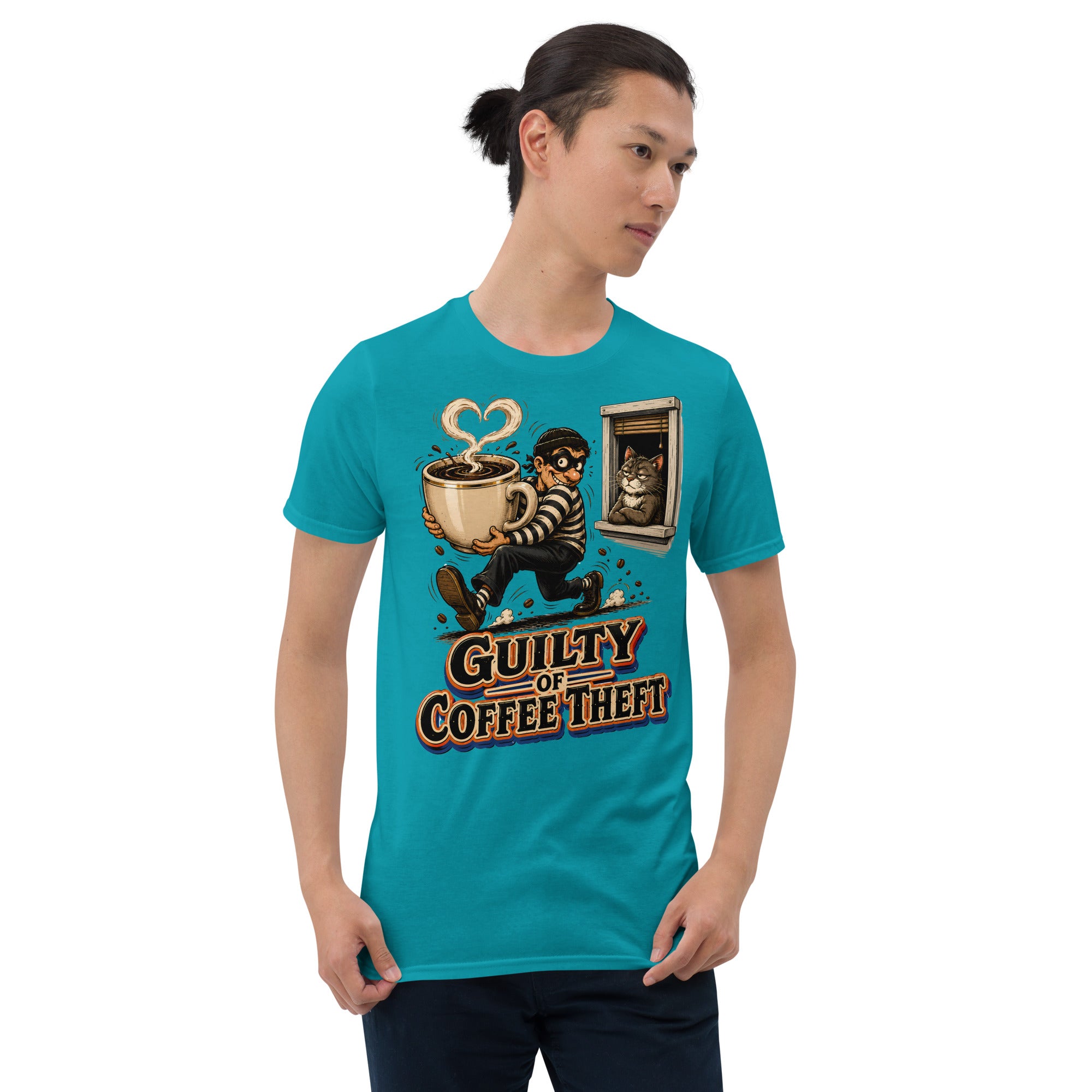 Coffee Lovers Short-Sleeve Unisex T-Shirt Guilty of Coffee Theft – Funny Cat & Thief Graphic Tee by printfluence.net