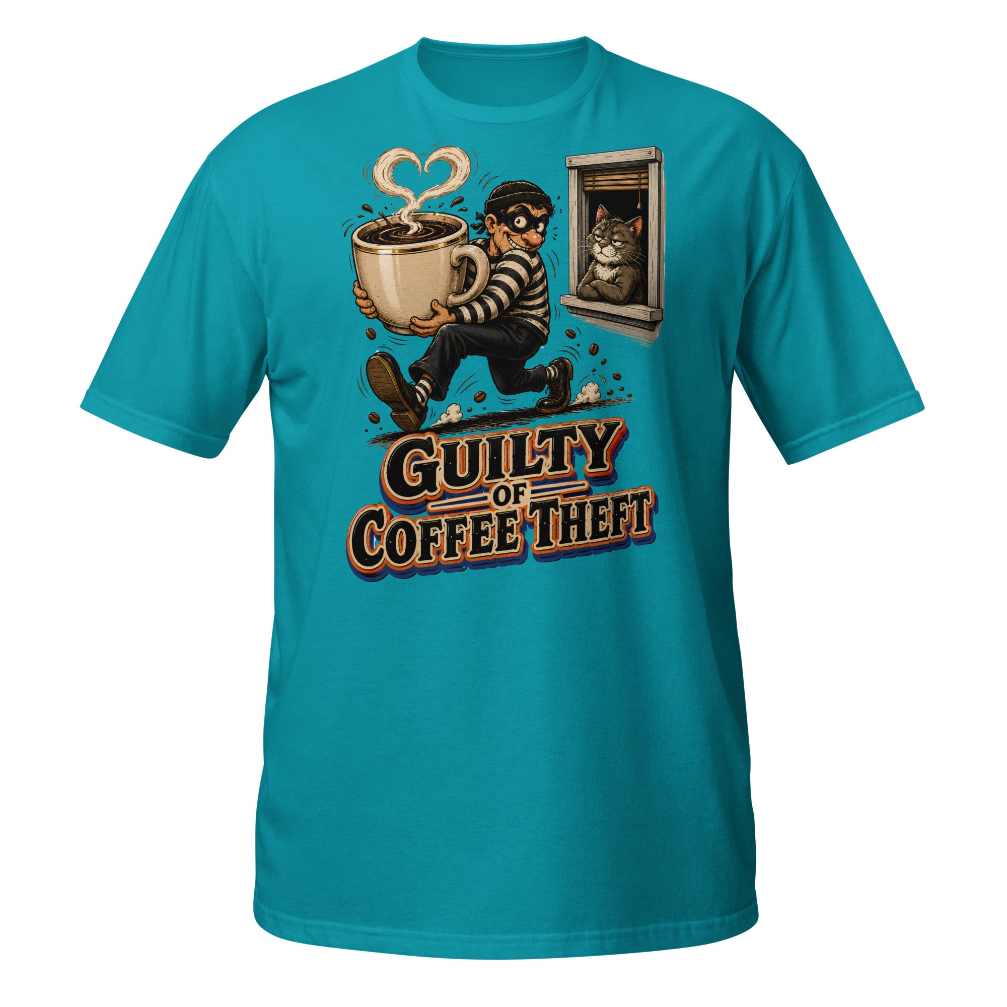 Coffee Lovers Short-Sleeve Unisex T-Shirt Guilty of Coffee Theft – Funny Cat & Thief Graphic Tee by printfluence.net
