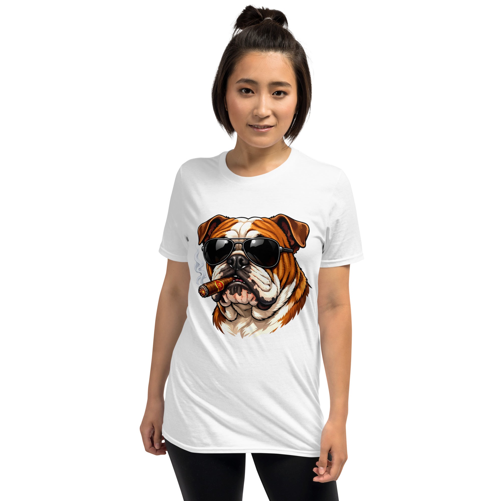 Short-Sleeve Unisex T-Shirt - Boss Bulldog Gentleman T-Shirt – Badass Dog Art & Retro Streetwear Style by printfluence.net