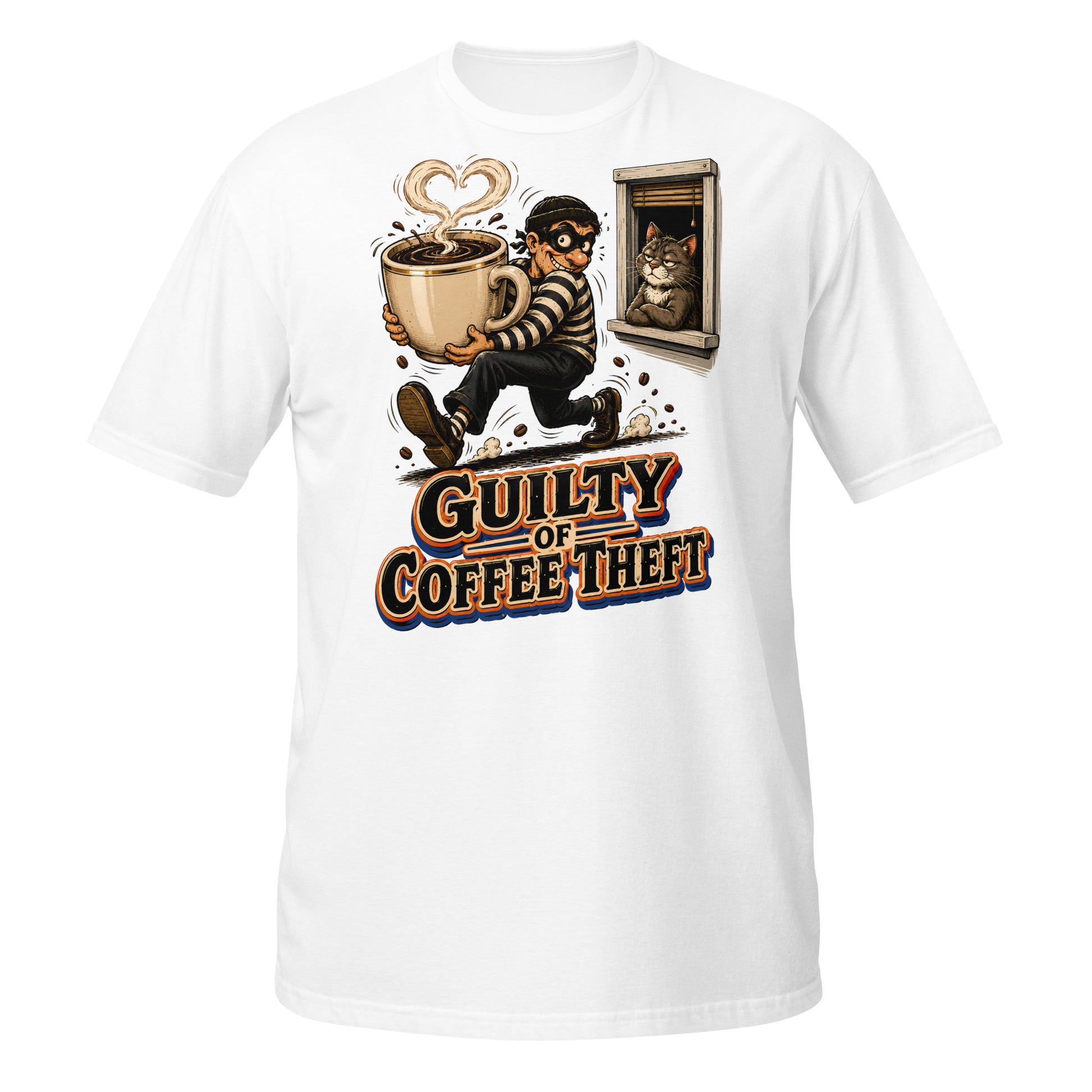 Coffee Lovers Short-Sleeve Unisex T-Shirt Guilty of Coffee Theft – Funny Cat & Thief Graphic Tee by printfluence.net