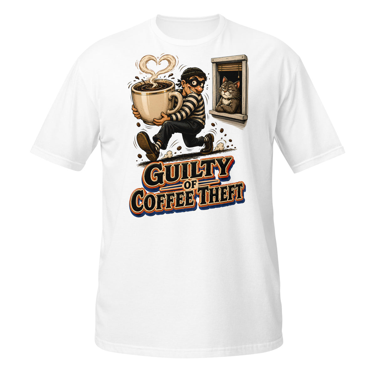 Coffee Lovers Short-Sleeve Unisex T-Shirt Guilty of Coffee Theft – Funny Cat & Thief Graphic Tee by printfluence.net