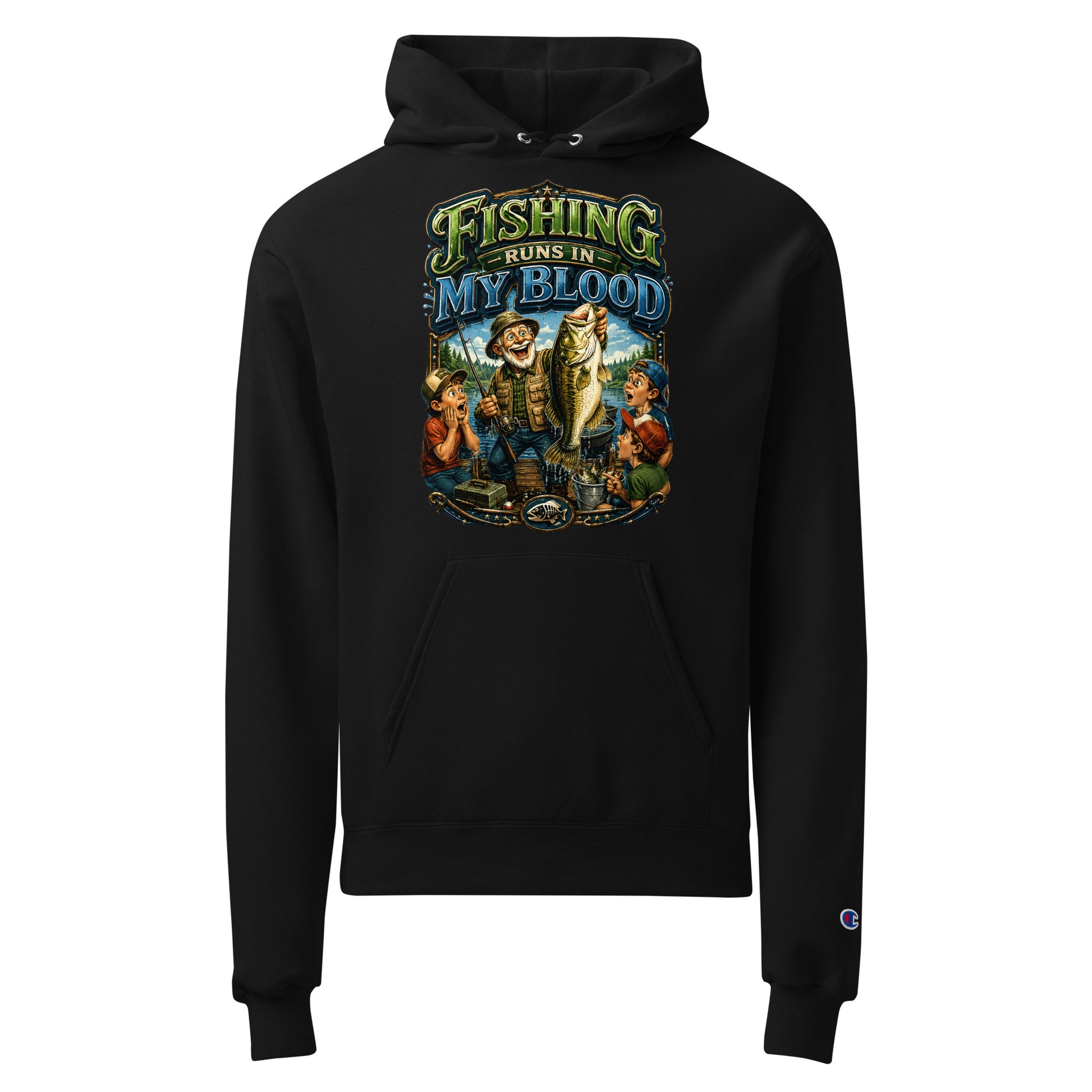 Fishing Runs In My Blood Champion Hoodie - Premium Unisex Graphic Pullover for Fishing Lovers by printfluence.net