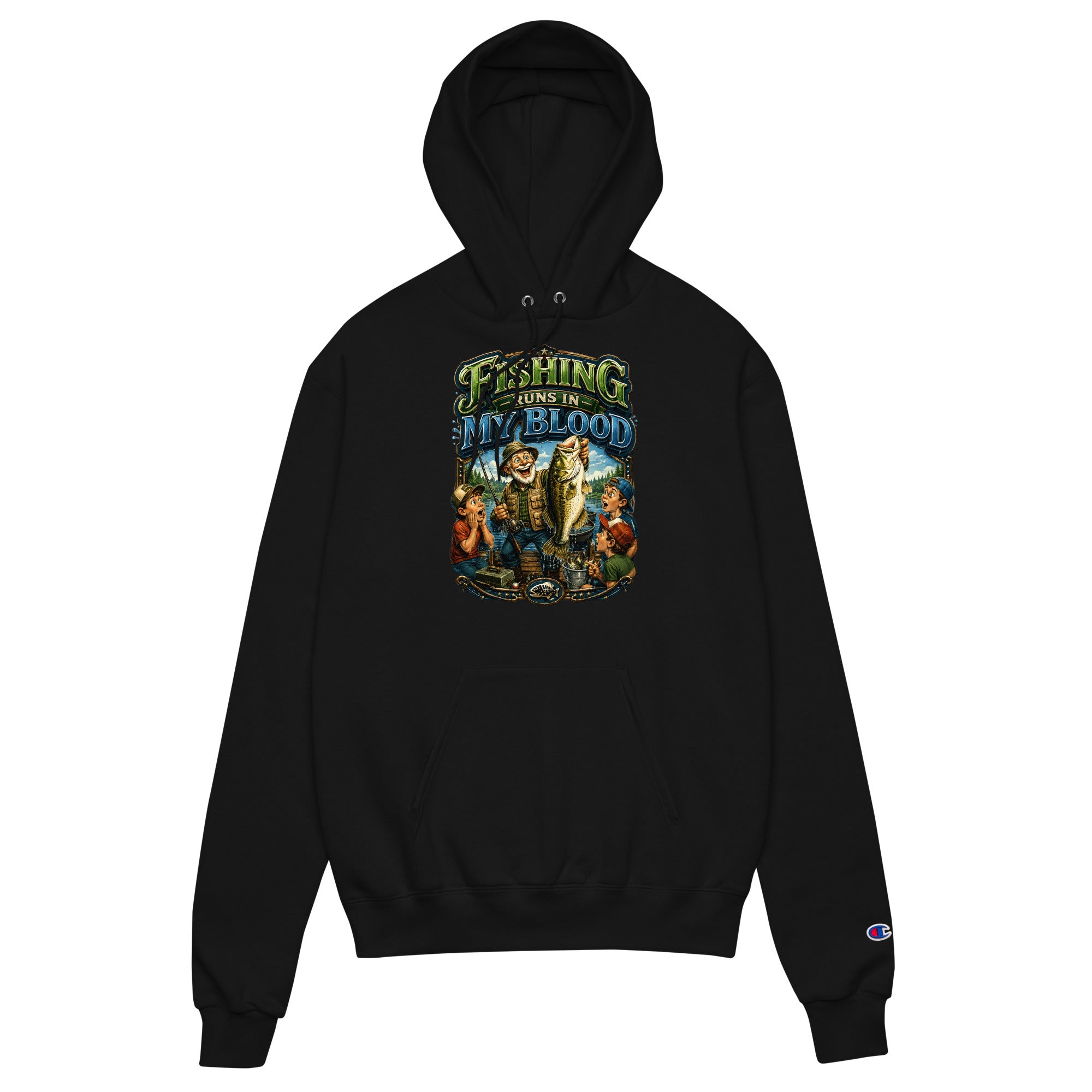 Fishing Runs In My Blood Champion Hoodie - Premium Unisex Graphic Pullover for Fishing Lovers by printfluence.net