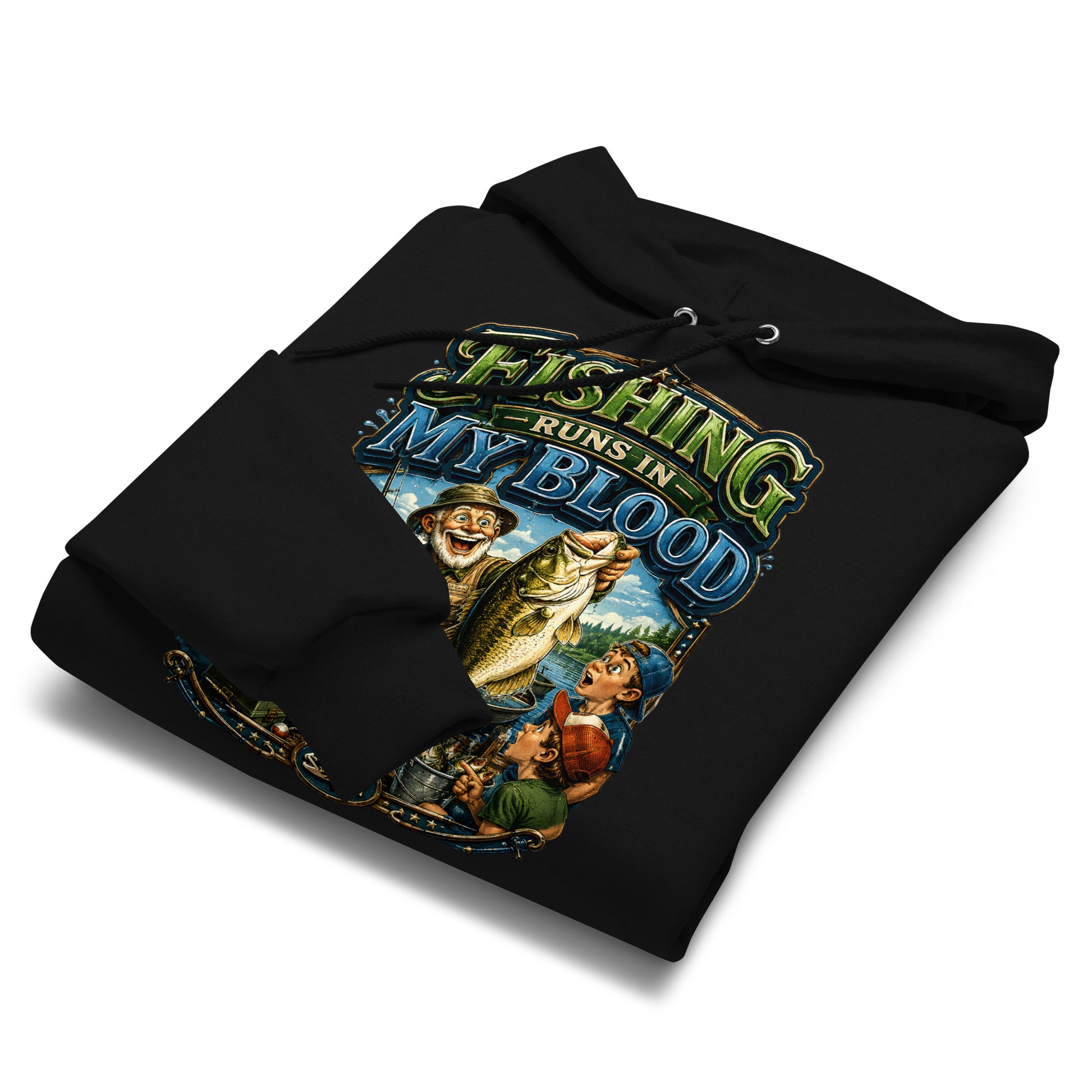 Fishing Runs In My Blood Champion Hoodie - Premium Unisex Graphic Pullover for Fishing Lovers by printfluence.net