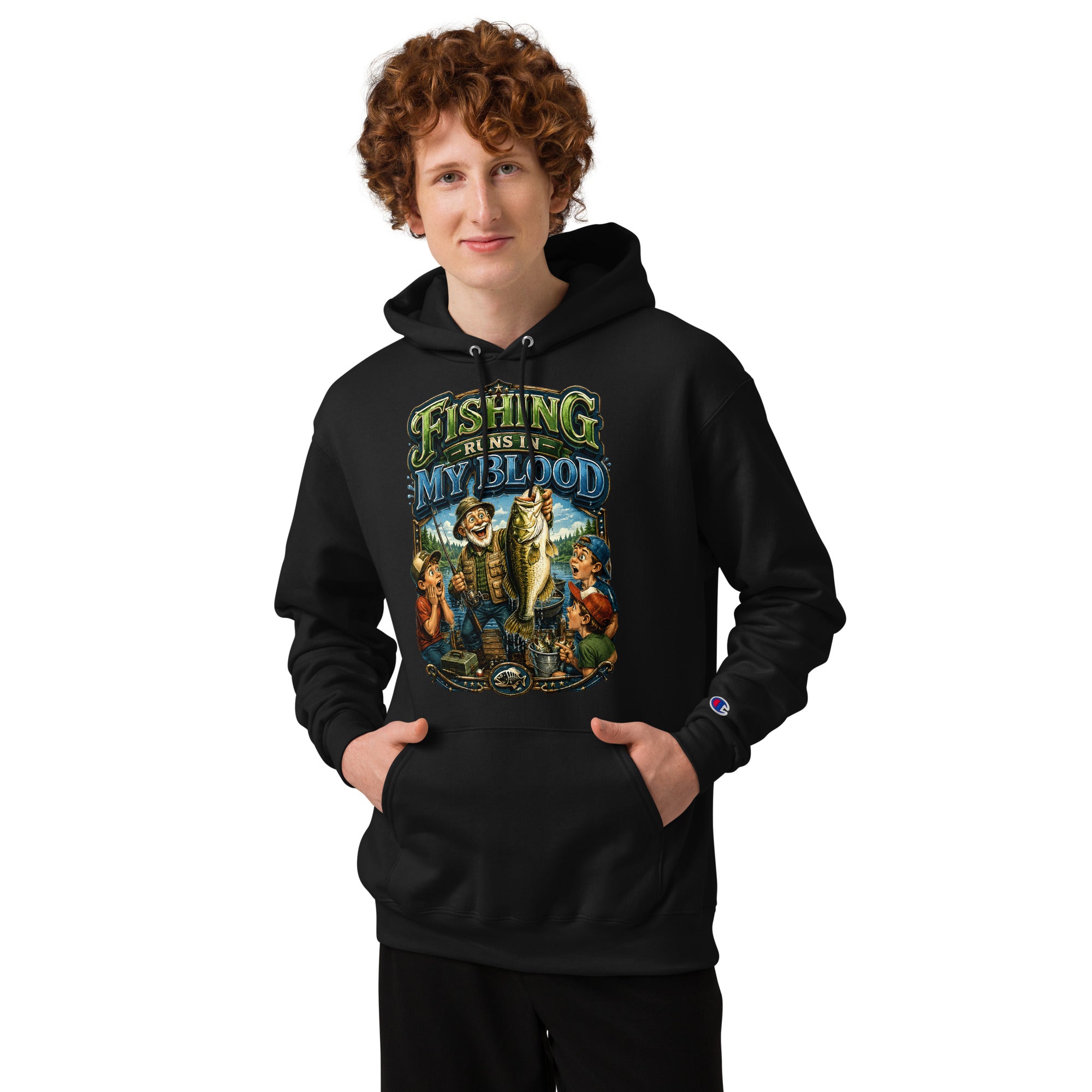 Fishing Runs In My Blood Champion Hoodie - Premium Unisex Graphic Pullover for Fishing Lovers by printfluence.net