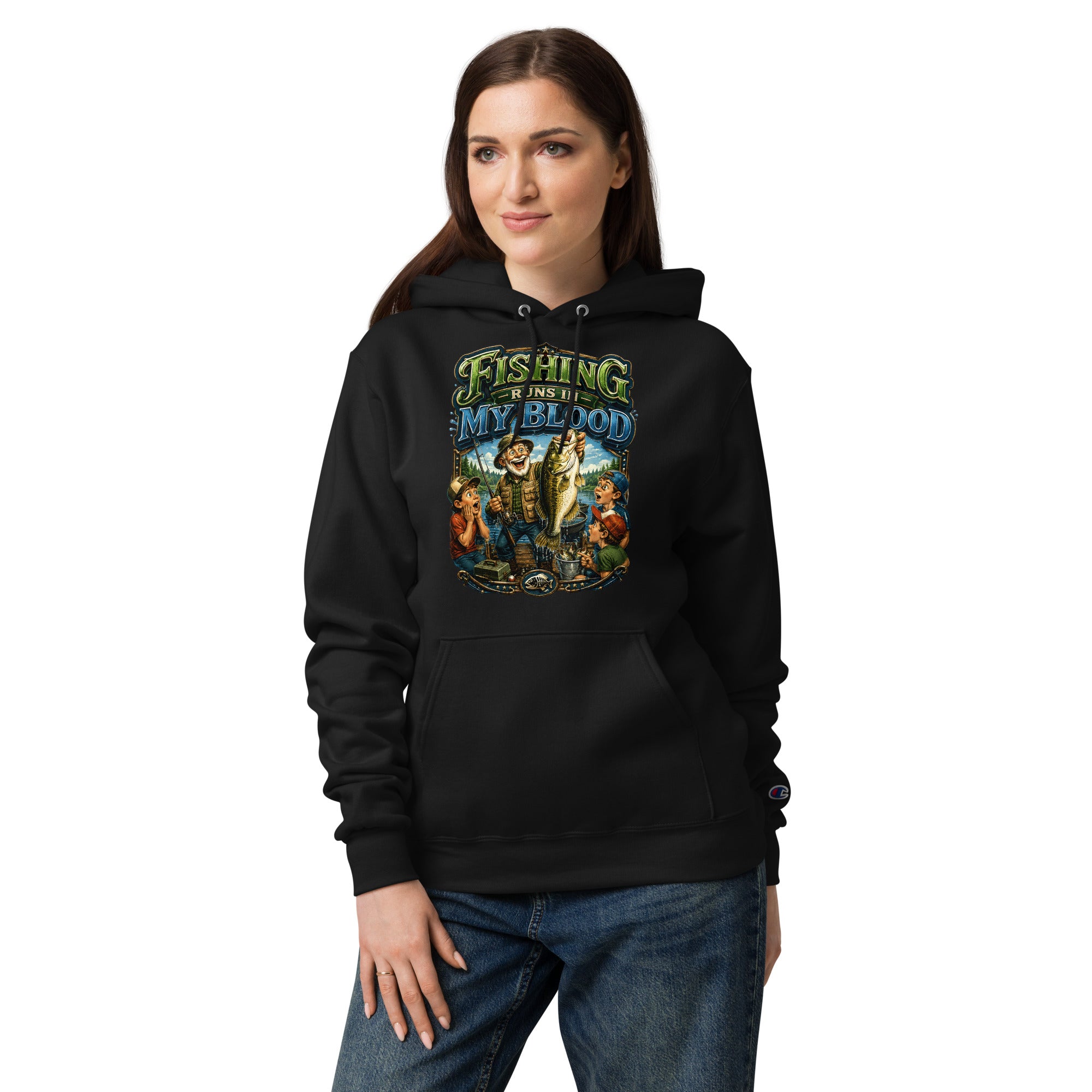 Fishing Runs In My Blood Champion Hoodie - Premium Unisex Graphic Pullover for Fishing Lovers by printfluence.net