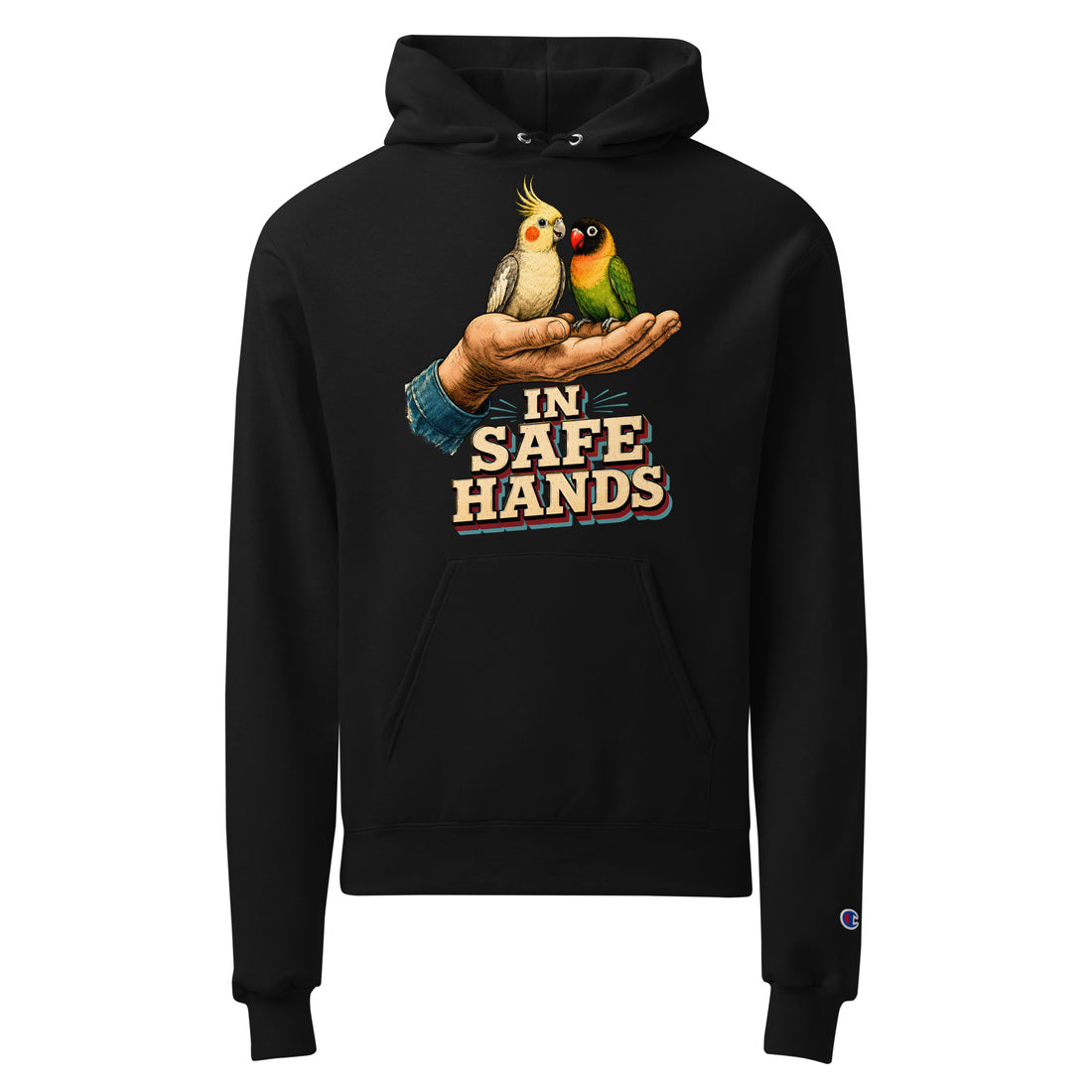 In Safe Hands Unisex Champion Hoodie - Retro Cockatiel & Lovebird Parrot Lovers Pullover H-12 by printfluence.net