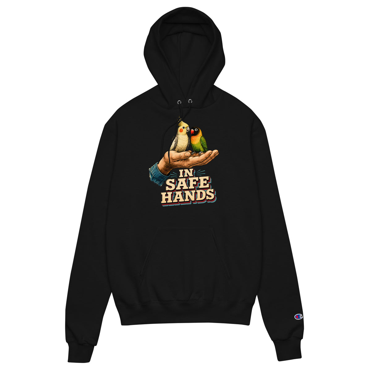 In Safe Hands Unisex Champion Hoodie - Retro Cockatiel & Lovebird Parrot Lovers Pullover H-12 by printfluence.net