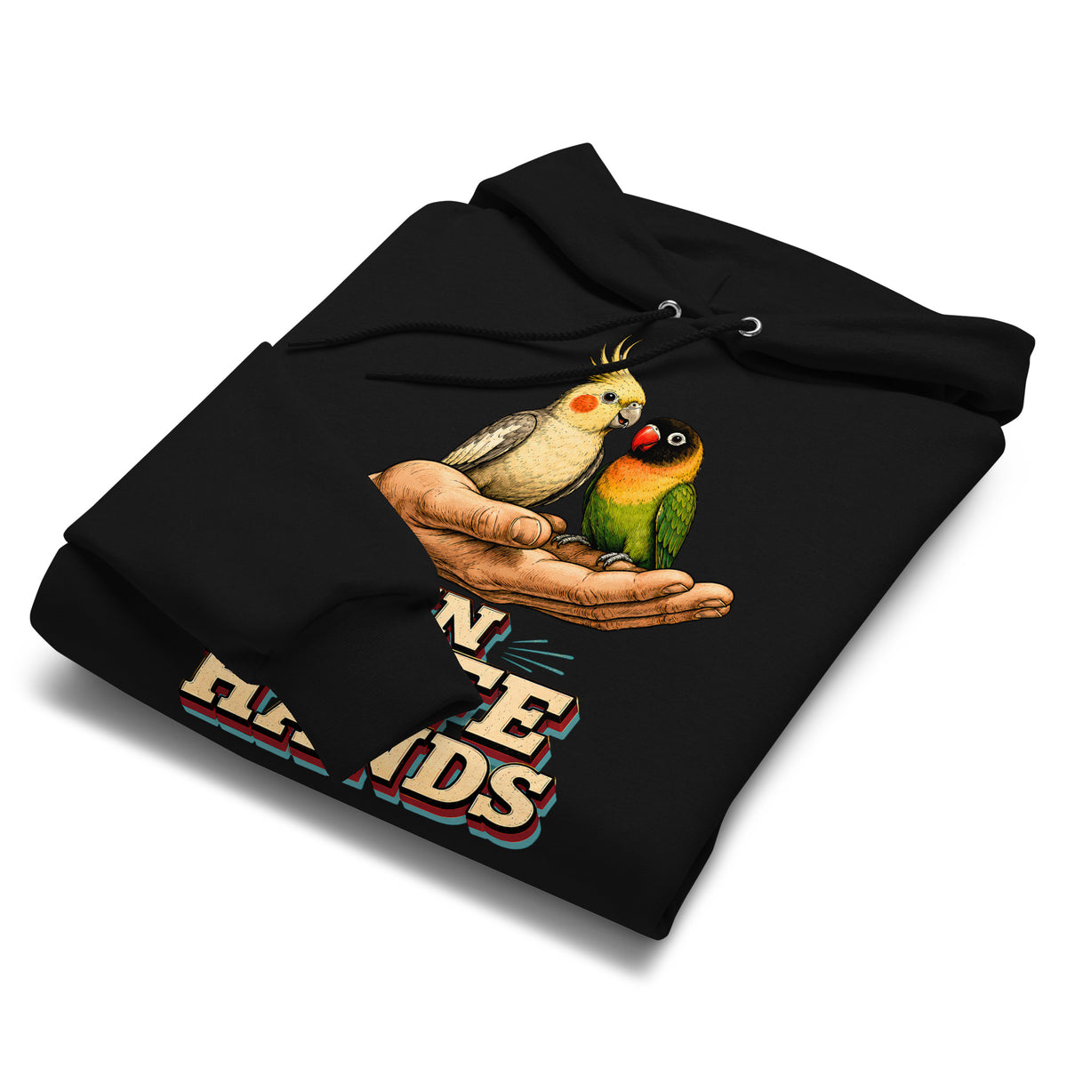 In Safe Hands Unisex Champion Hoodie - Retro Cockatiel & Lovebird Parrot Lovers Pullover H-12 by printfluence.net