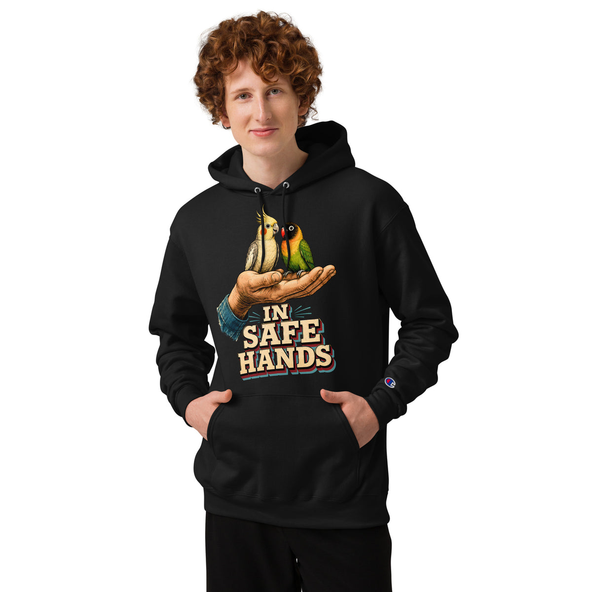 In Safe Hands Unisex Champion Hoodie - Retro Cockatiel & Lovebird Parrot Lovers Pullover H-12 by printfluence.net