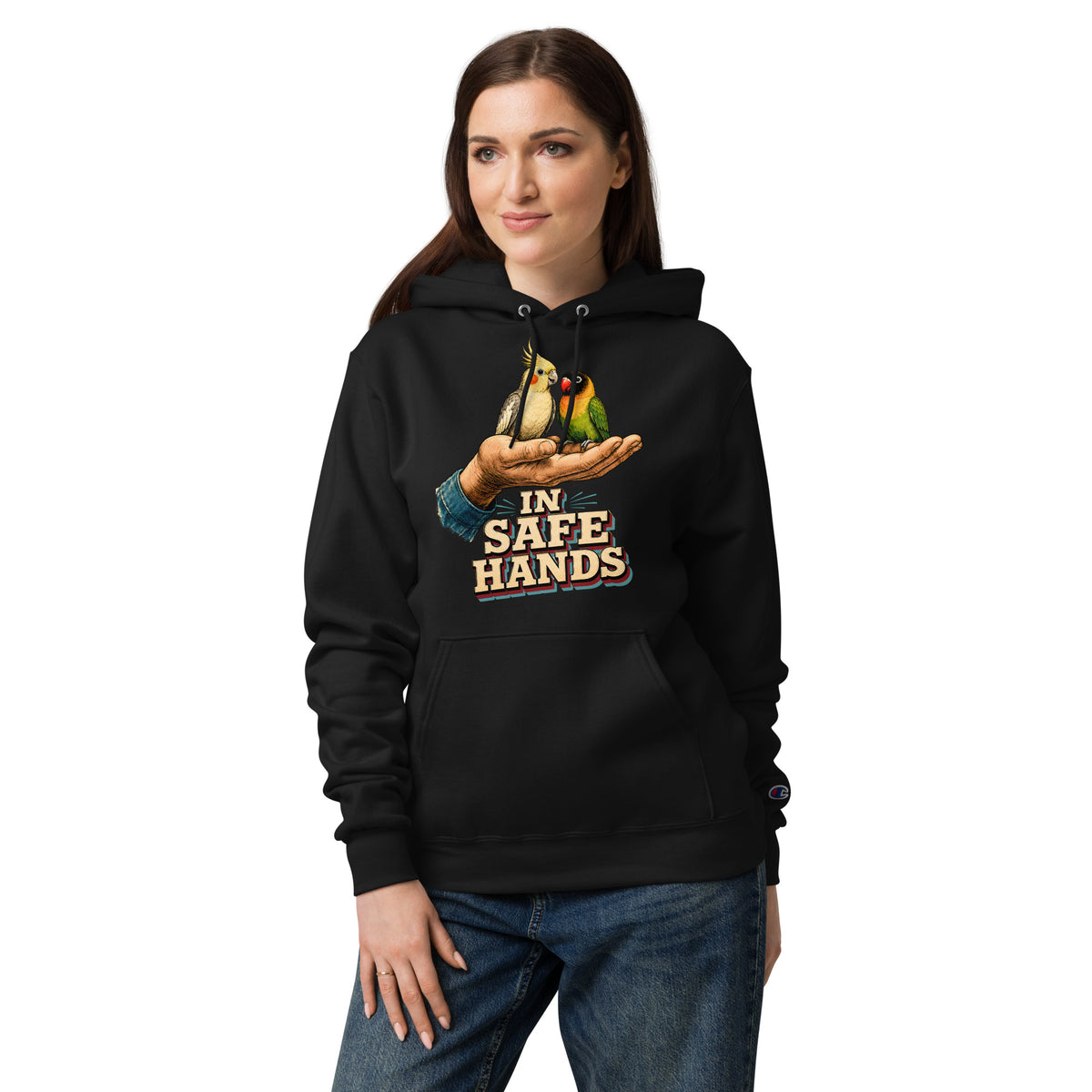 In Safe Hands Unisex Champion Hoodie - Retro Cockatiel & Lovebird Parrot Lovers Pullover H-12 by printfluence.net