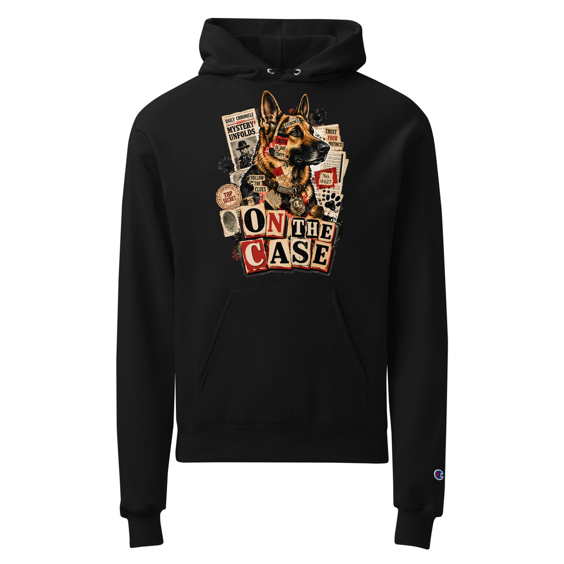 On The Case Detective Graphic Champion Hoodie | Vintage German Shepherd Unisex Pullover H-12 by printfluence.net