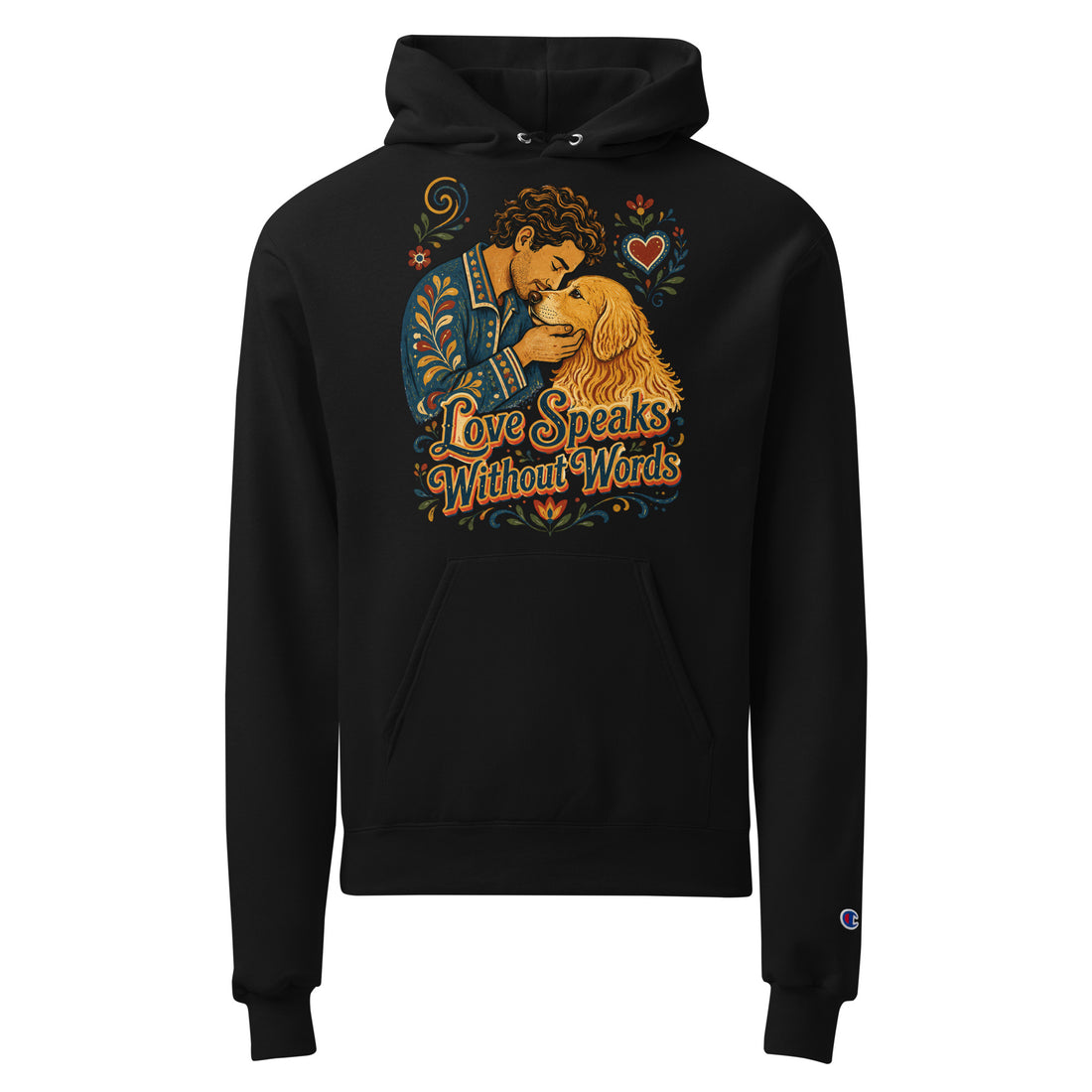 Golden Retriever Lovers Unisex Champion Hoodie — "Love Speaks Without Words" Tender Man and Dog Affection Design by printfluence.net