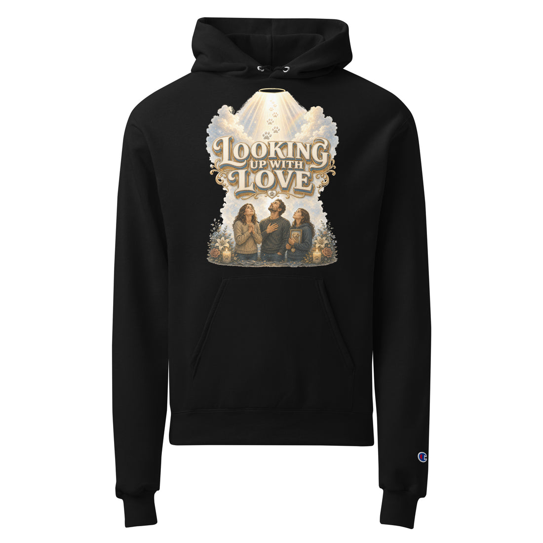 Golden Retriever Lovers Unisex Champion Hoodie — "Looking Up with Love" Pet Loss Remembrance and Heavenly Tribute Design by printfluence.net