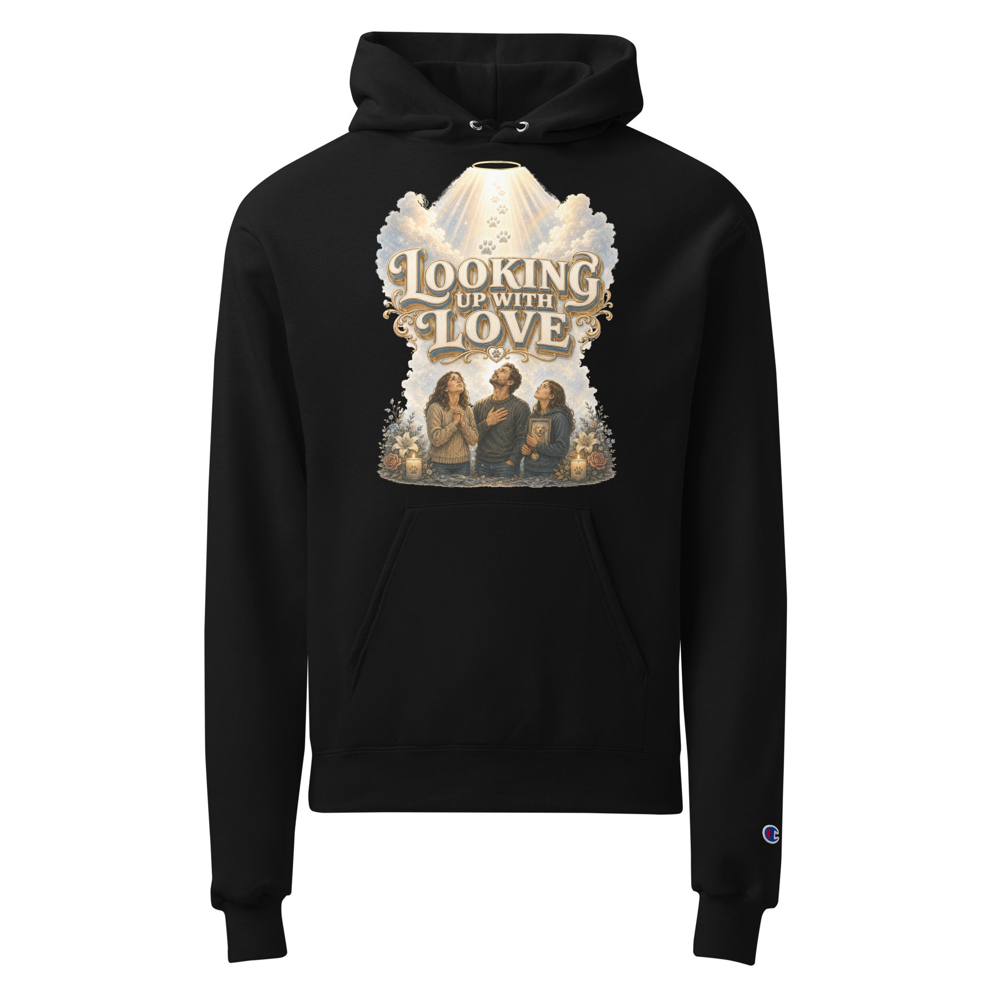 Golden Retriever Lovers Unisex Champion Hoodie — "Looking Up with Love" Pet Loss Remembrance and Heavenly Tribute Design by printfluence.net