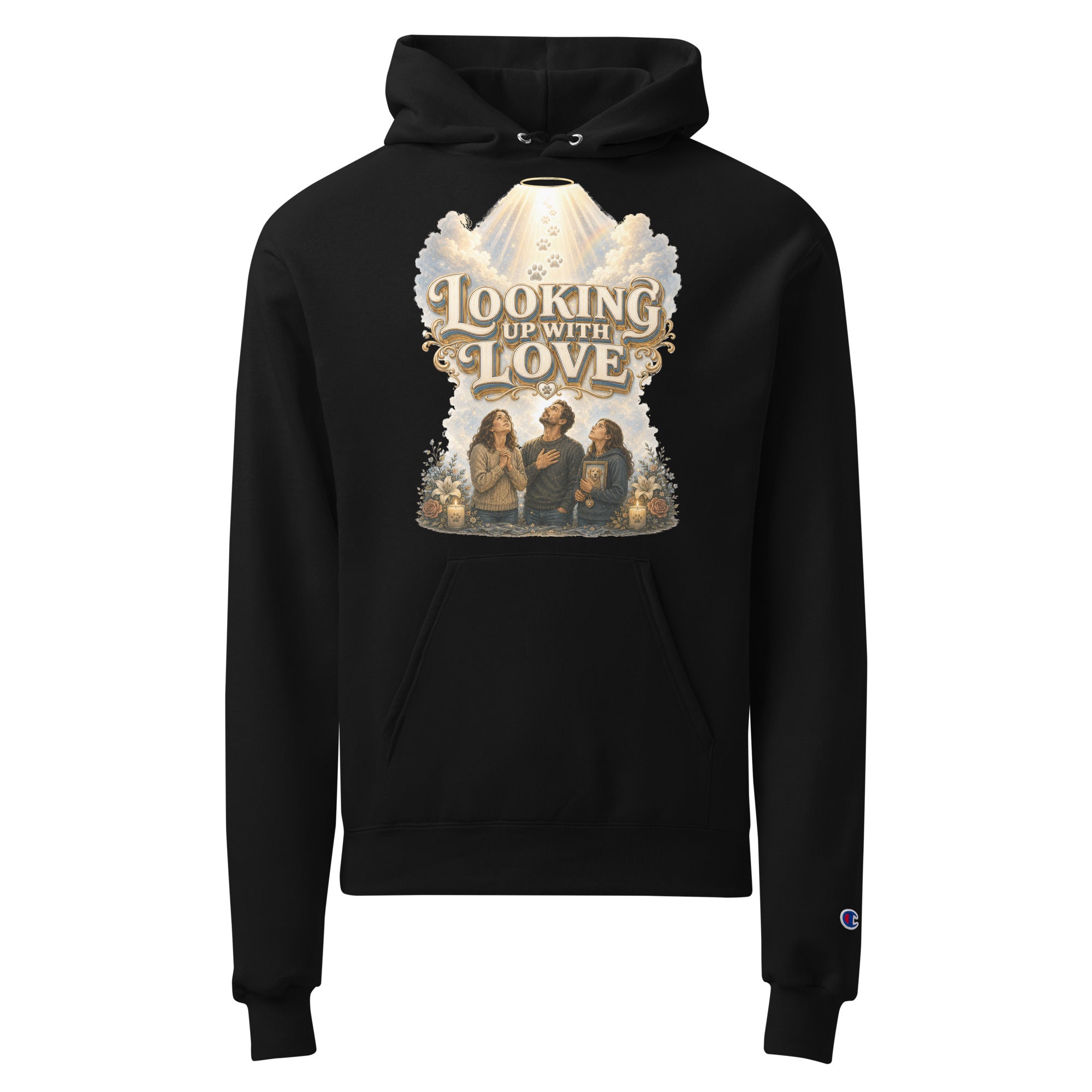 Golden Retriever Lovers Unisex Champion Hoodie — "Looking Up with Love" Pet Loss Remembrance and Heavenly Tribute Design by printfluence.net