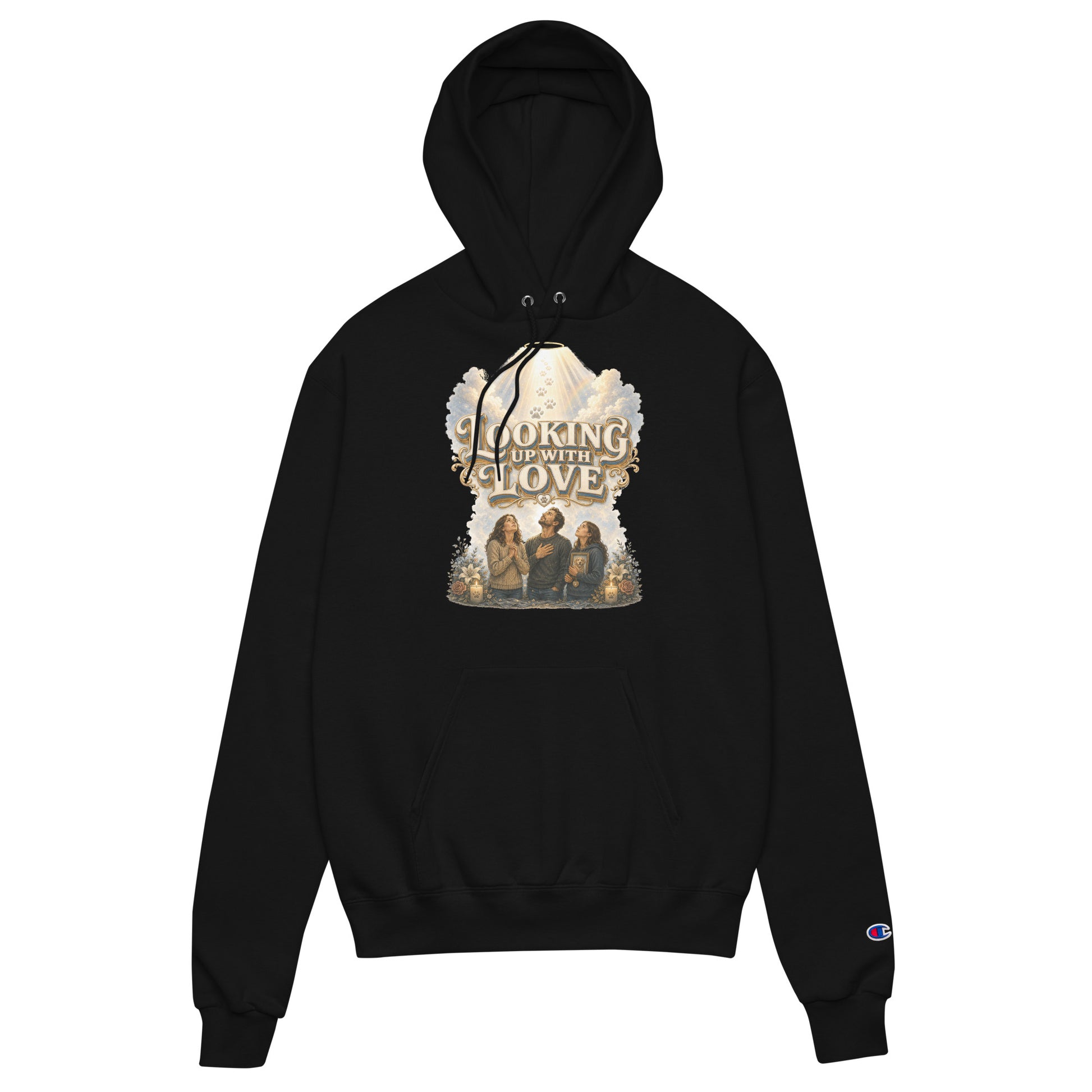 Golden Retriever Lovers Unisex Champion Hoodie — "Looking Up with Love" Pet Loss Remembrance and Heavenly Tribute Design by printfluence.net