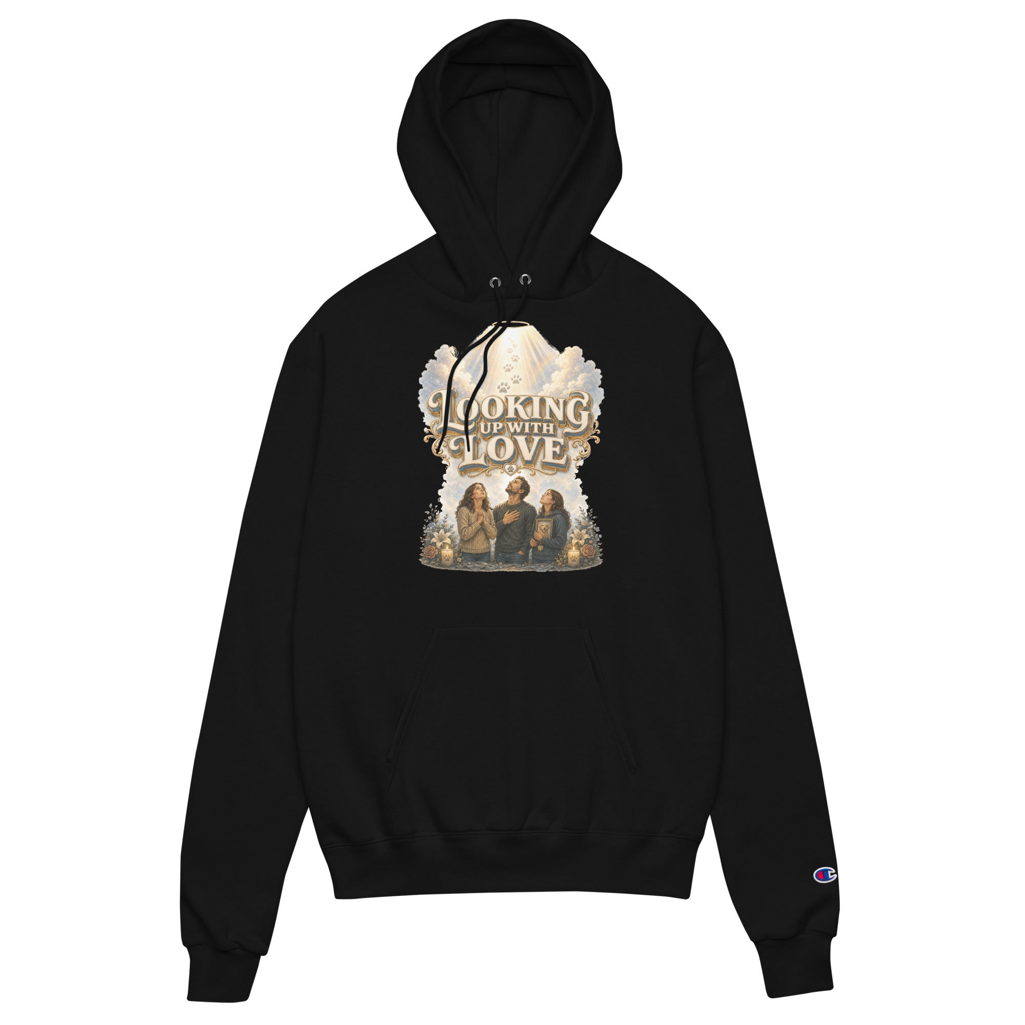 Golden Retriever Lovers Unisex Champion Hoodie — "Looking Up with Love" Pet Loss Remembrance and Heavenly Tribute Design by printfluence.net