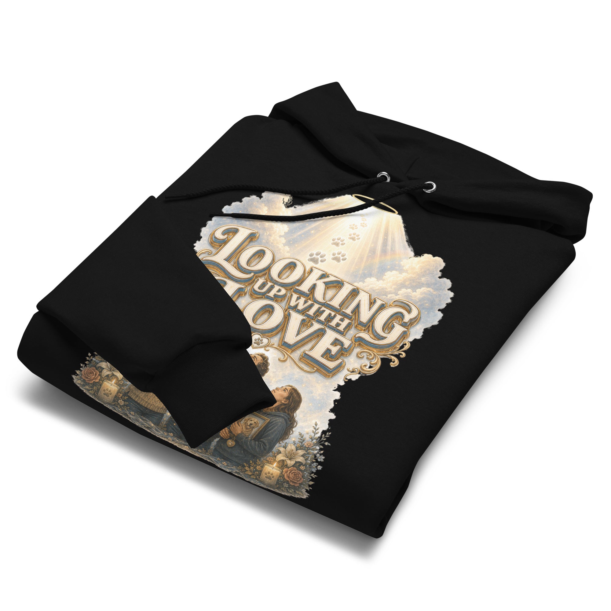 Golden Retriever Lovers Unisex Champion Hoodie — "Looking Up with Love" Pet Loss Remembrance and Heavenly Tribute Design by printfluence.net