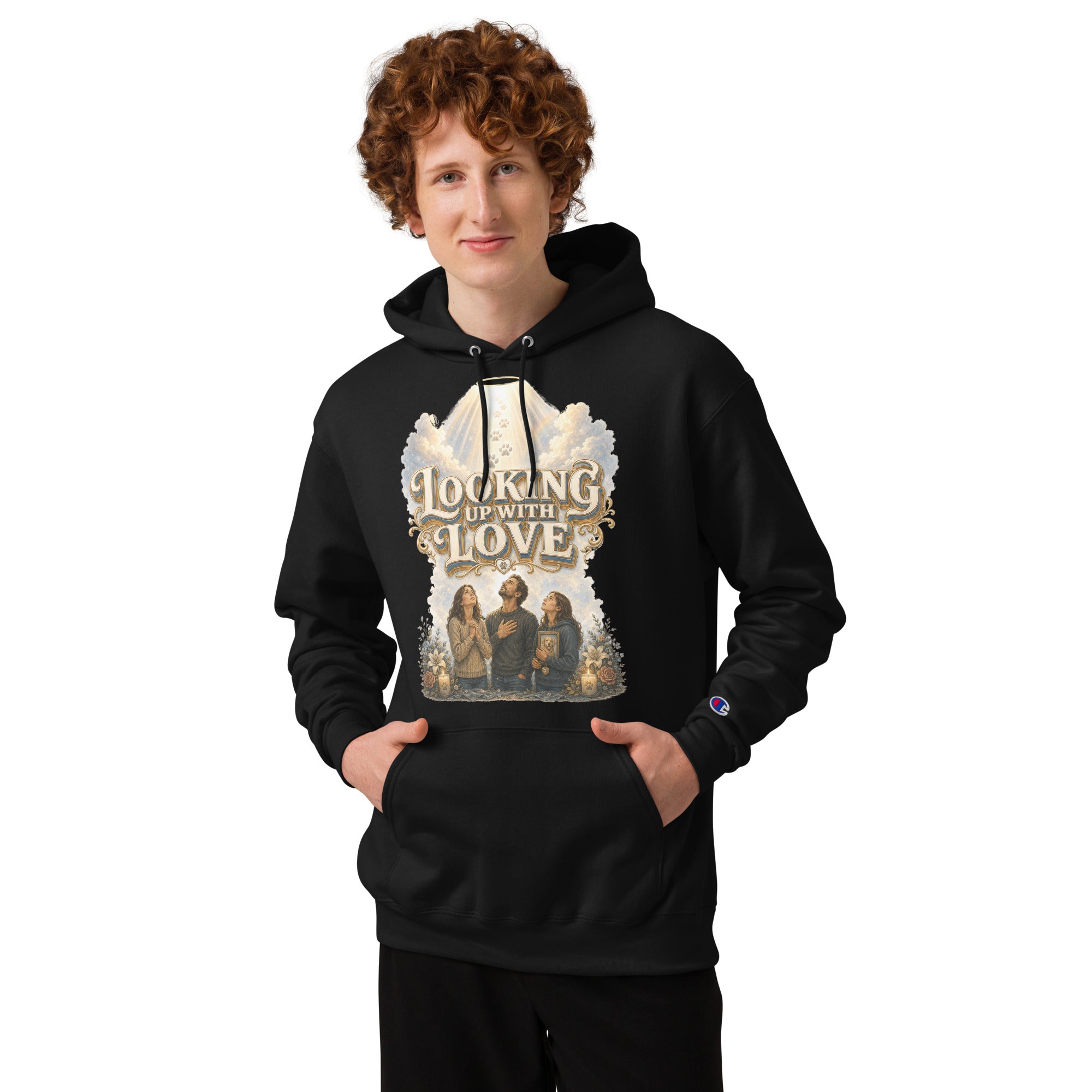 Golden Retriever Lovers Unisex Champion Hoodie — "Looking Up with Love" Pet Loss Remembrance and Heavenly Tribute Design by printfluence.net
