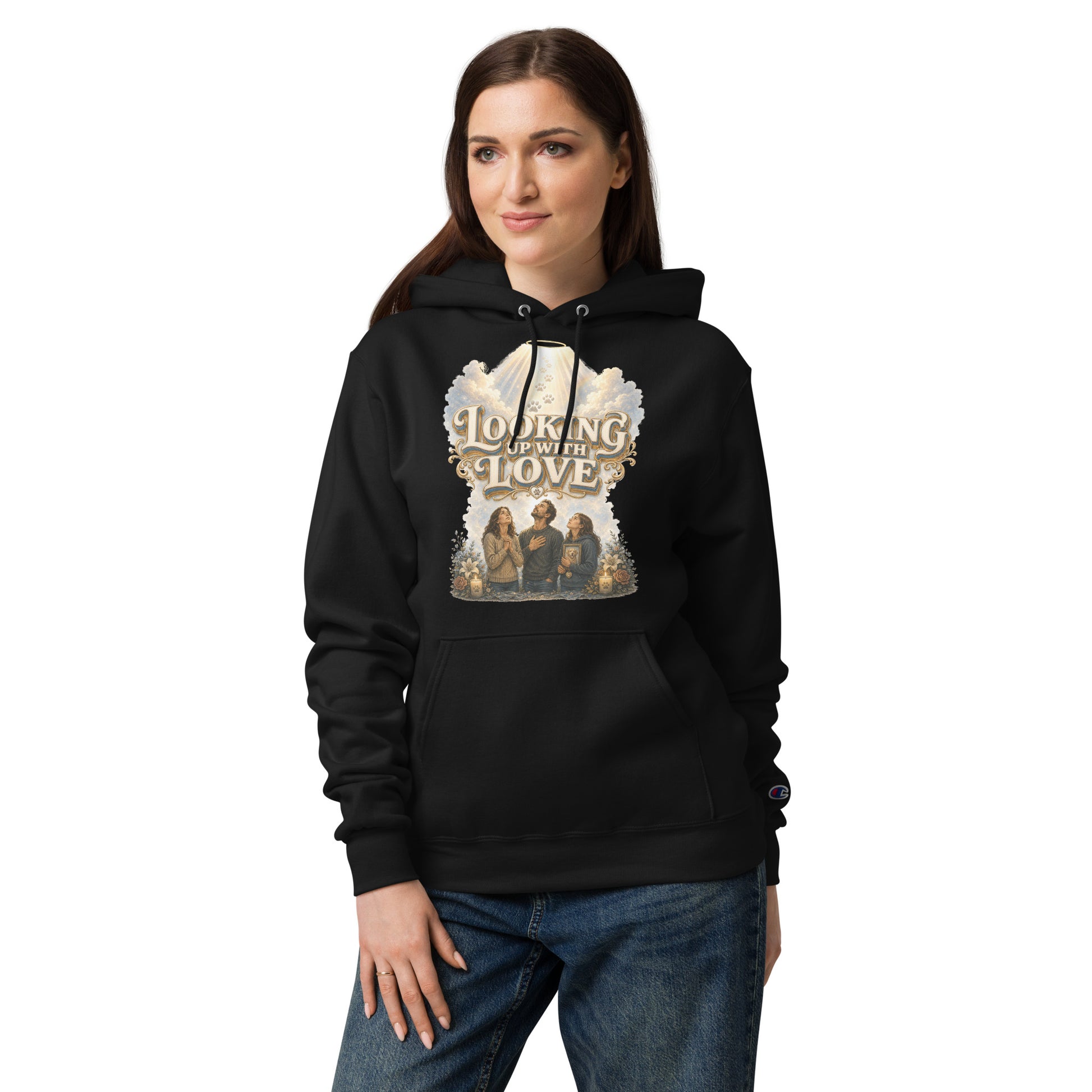 Golden Retriever Lovers Unisex Champion Hoodie — "Looking Up with Love" Pet Loss Remembrance and Heavenly Tribute Design by printfluence.net