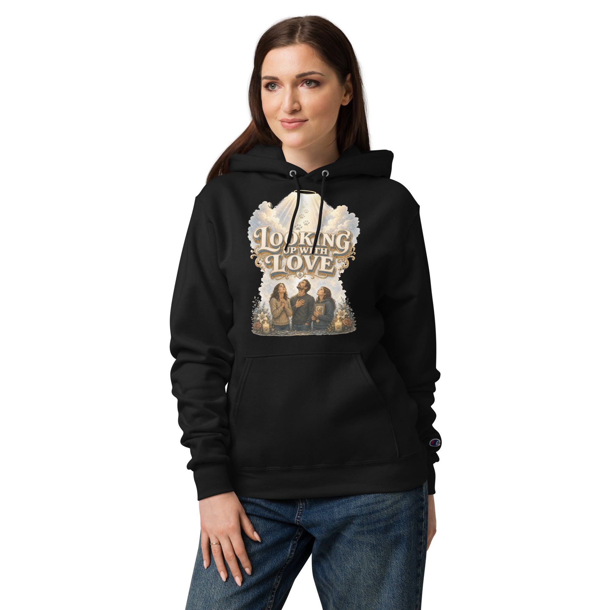 Golden Retriever Lovers Unisex Champion Hoodie — "Looking Up with Love" Pet Loss Remembrance and Heavenly Tribute Design by printfluence.net