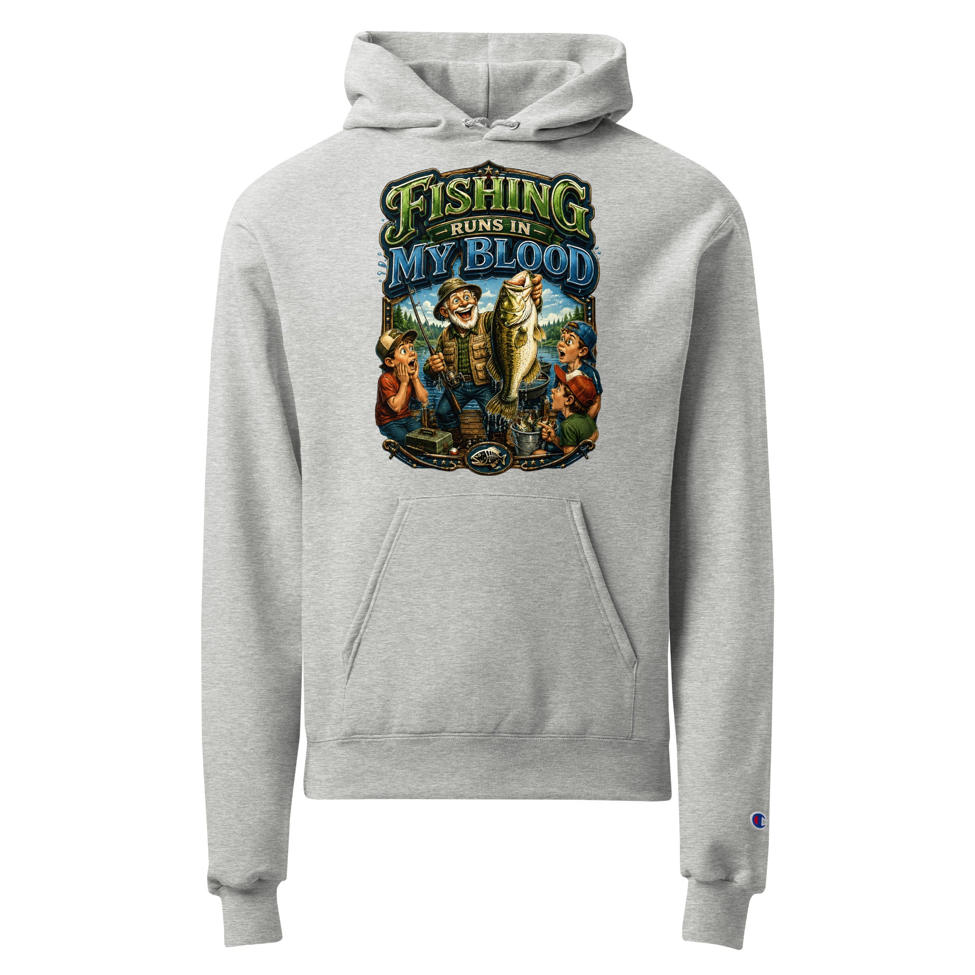Fishing Runs In My Blood Champion Hoodie - Premium Unisex Graphic Pullover for Fishing Lovers by printfluence.net