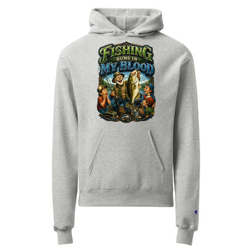Fishing Runs In My Blood Champion Hoodie - Premium Unisex Graphic Pullover for Fishing Lovers by printfluence.net