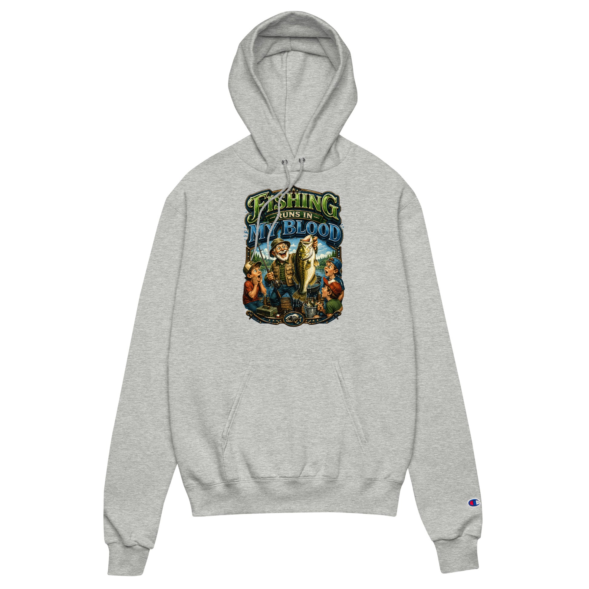 Fishing Runs In My Blood Champion Hoodie - Premium Unisex Graphic Pullover for Fishing Lovers by printfluence.net